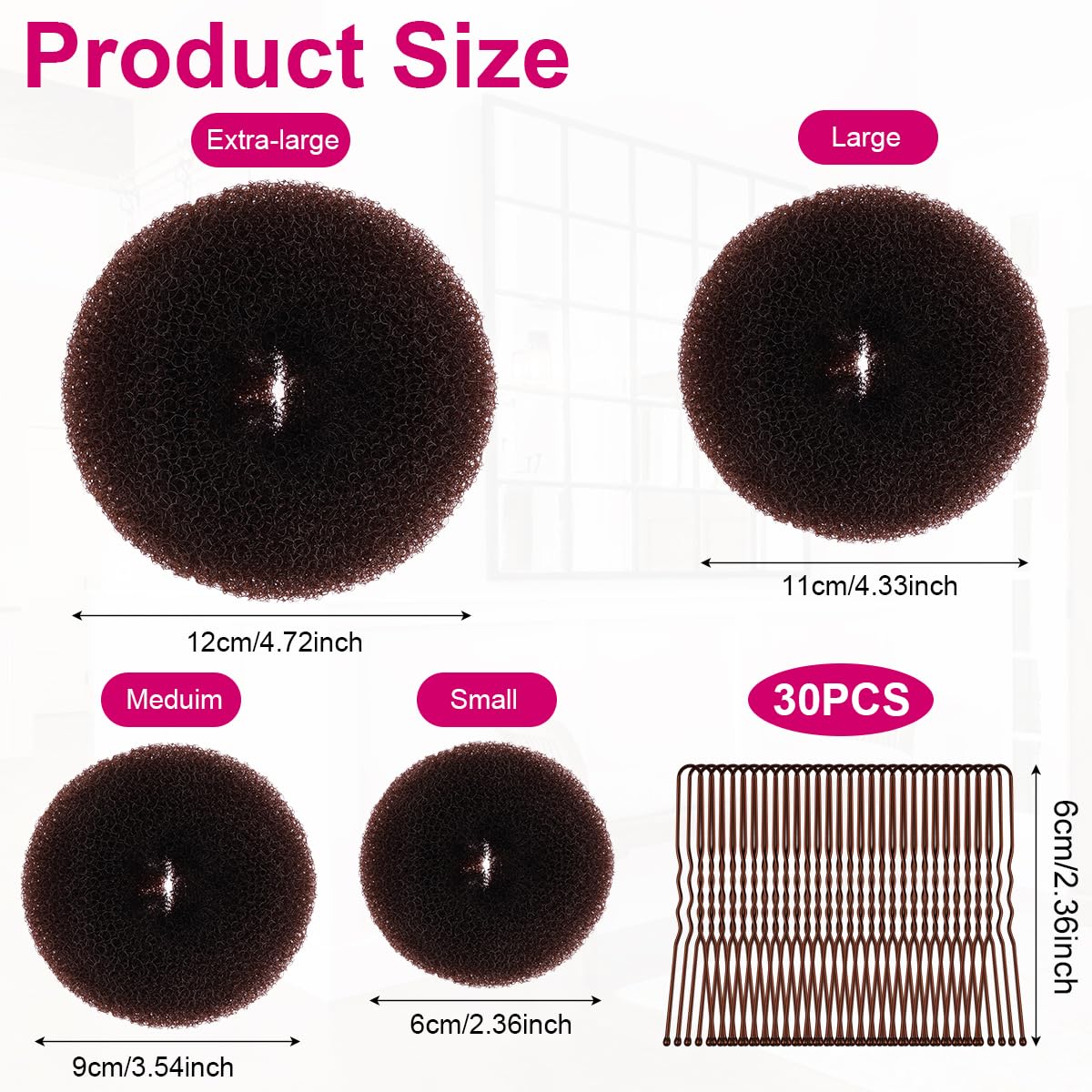 URAQT Ciambelle per Chignon, 4 Pz Chignon Facile per Capelli e 30 Clip a Forma di U, Chignon a Ciambella per Bambine e Donne, Magic Hair Bun Maker per Acconciature Chignon, 6+8+10+12cm(Marrone)