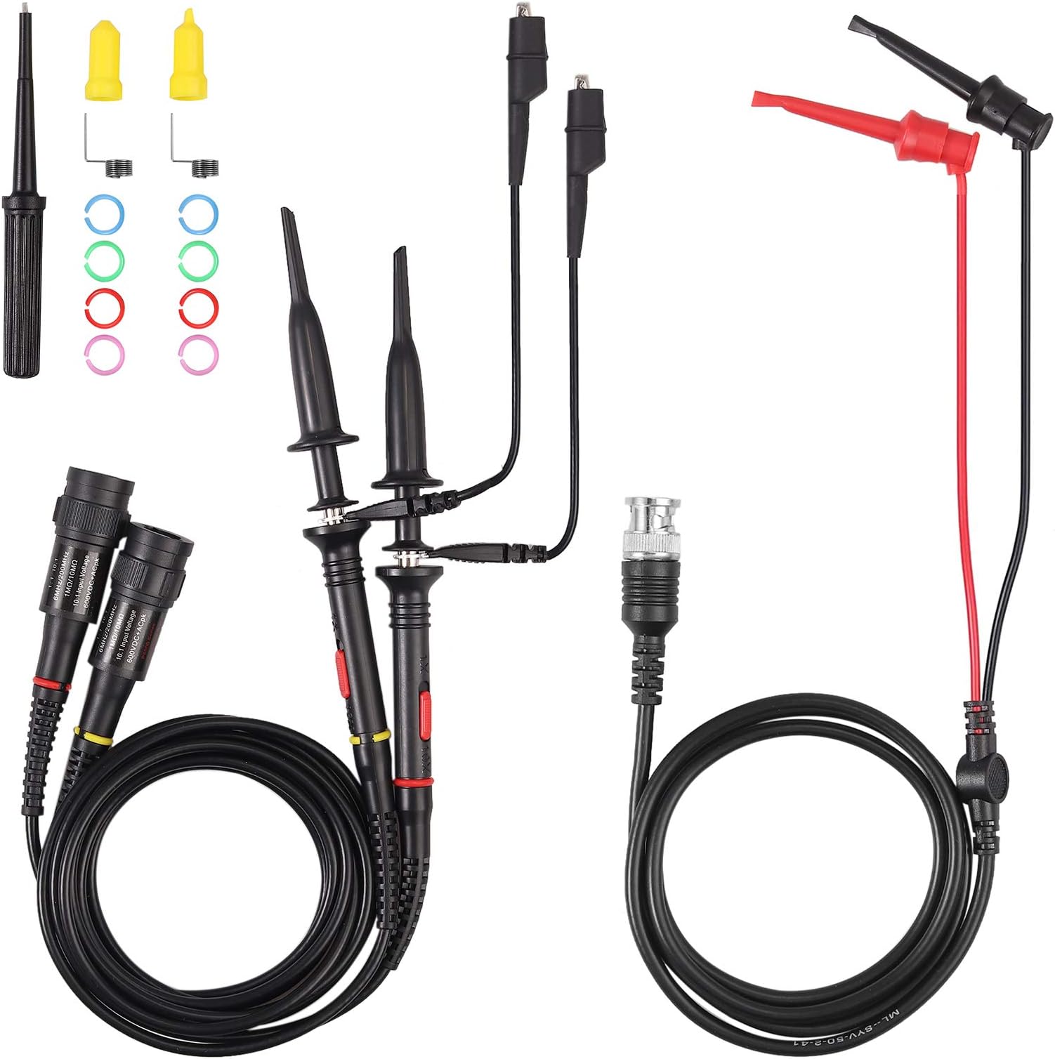 P2200 Universal Oscilloscope Probe with Accessories Kit 200MHz Oscilloscope Clip Probes 1X 10X with BNC Mini Grabber Test Lead