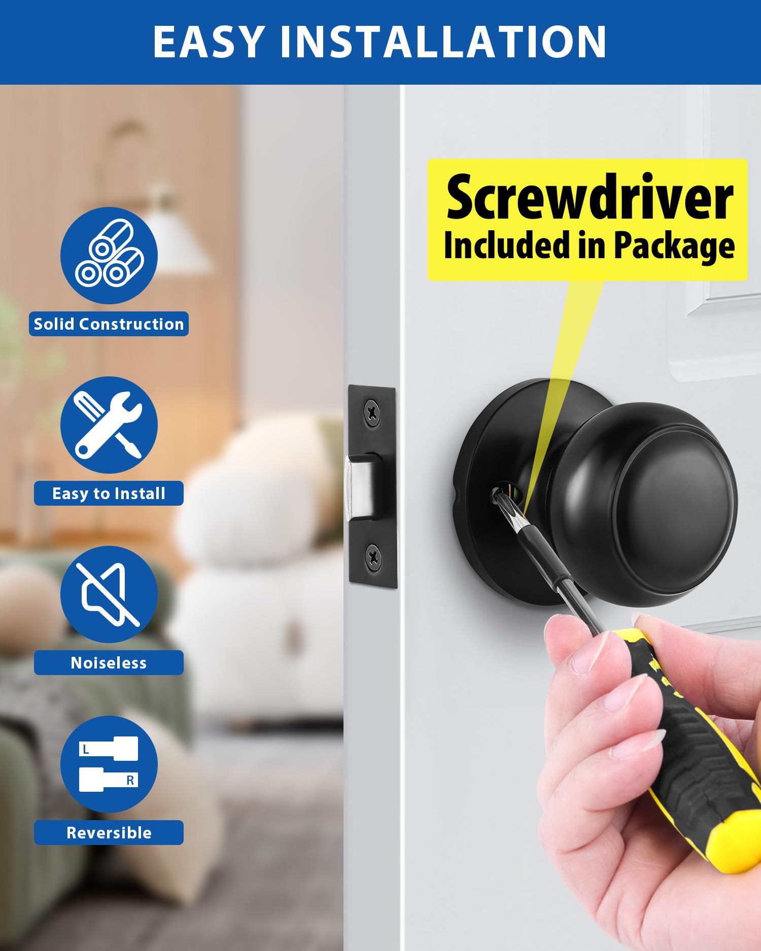 Matte Black Door Knobs - 5 Pack Passage Handles -2