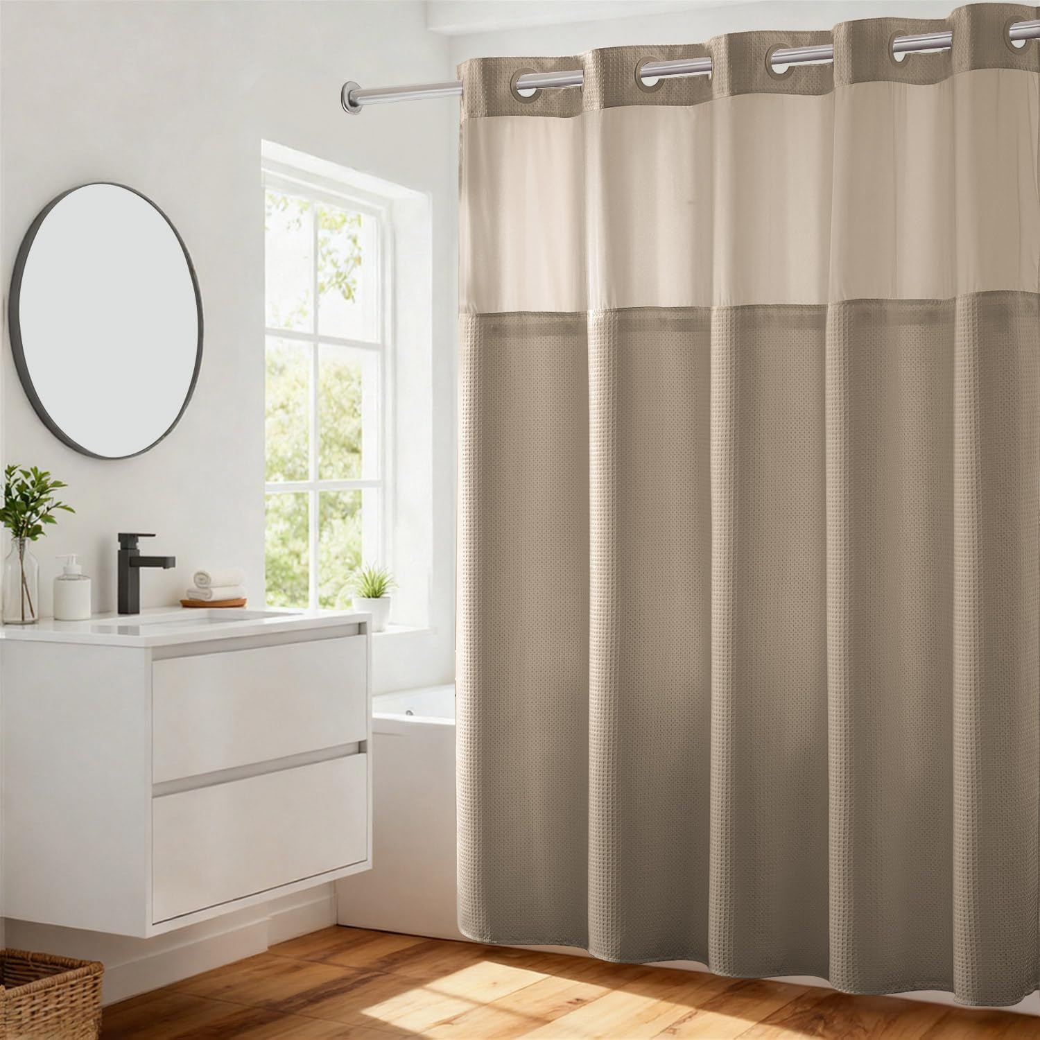 Heavyweight No Hooks Required Dotted Waffle Weave Shower Curtain with Snap in Liner - 71W x 74H,Hotel Grade,Spa Like Bath Curtain,Linen