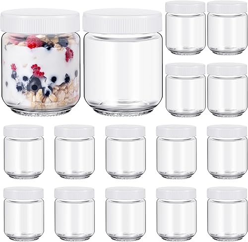 16 tarros de vidrio transparente con tapas de plástico para yogur, tarros de vidrio reutilizables para conservas de yogur, tarros de yogur para