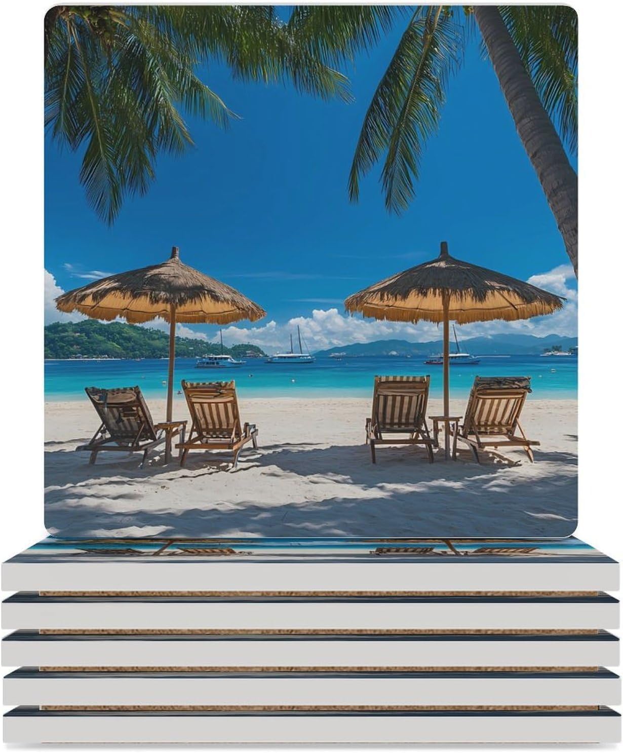 Palm Trees Oceanside in Boracay Island Coasters for Drinks Square Table Coasters Set Cup Mats with Cork Base
