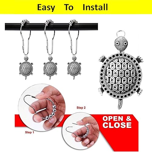 Miniatura 5 de ZILucky 12 ganchos decorativos para cortina de ducha, diseño de tortuga, playa, océano, hogar, tortuga, baño, cortina de ducha, anillos, accesorios