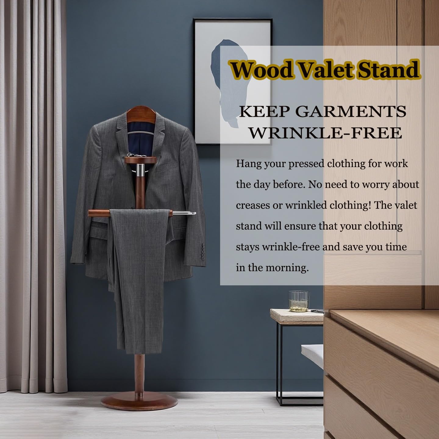 Ele Wood - Servomuto da uomo in legno massello con barra per pantaloni, per camera da letto, ufficio e soggiorno, in legno Ele Wood