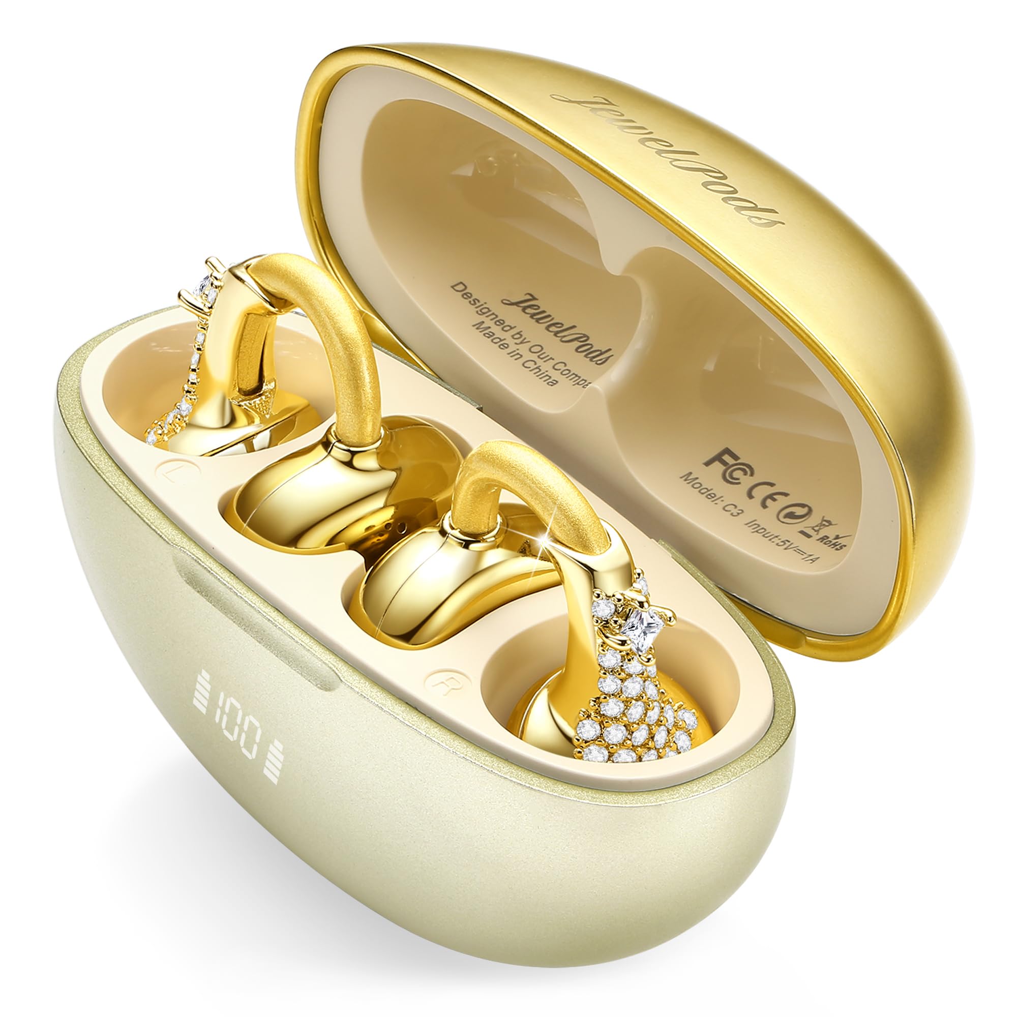 JewelPods C3 Wireless Earbuds, Jeweled Open-Ear Bluetooth Headphones for All-Day Comfort, Ultra-Light Memory Wire Clip-On, 60H Playtime, Sweat & Water Resistant, Premium Sound, Yellow Gold-image-38