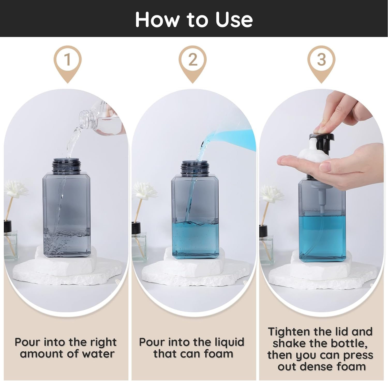 Segbeauty Empty Foam Soap Dispenser Pump Bottles 15.2oz 2pcs, Refillable Foaming Hand Soap Dispenser, 450ml Gray Foam Bottle with Waterproof Stickers, Plastic Square Liquid Foaming Container BPA Free - Image 5