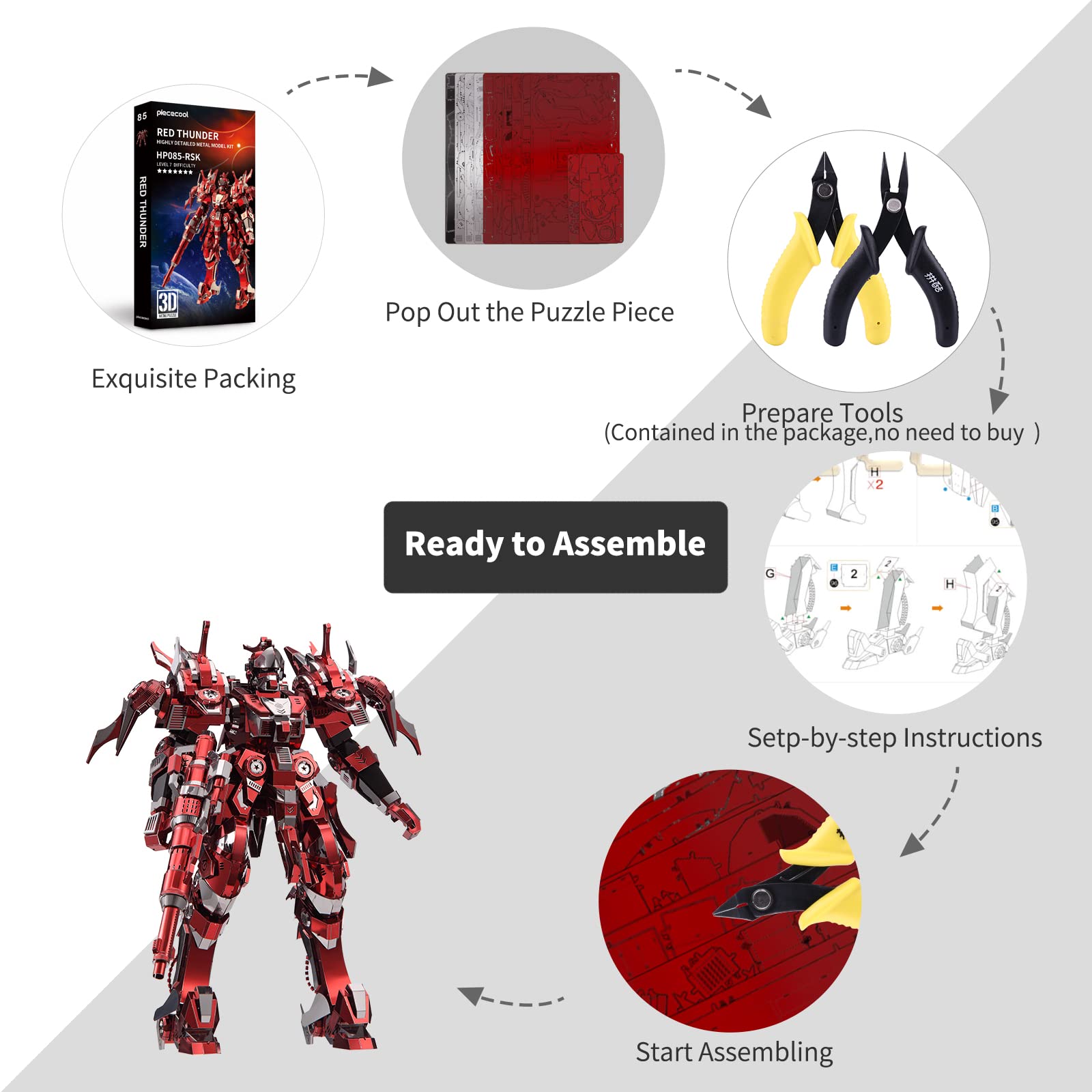 Piececool 3D Metal Puzzles Mecha Model Kits, Red Thunder Figure Models Building Kits for Adults, DIY Brain Teaser 3D Puzzle for Teen Students Fidget Toys Perfect Birthday, 522 Pcs