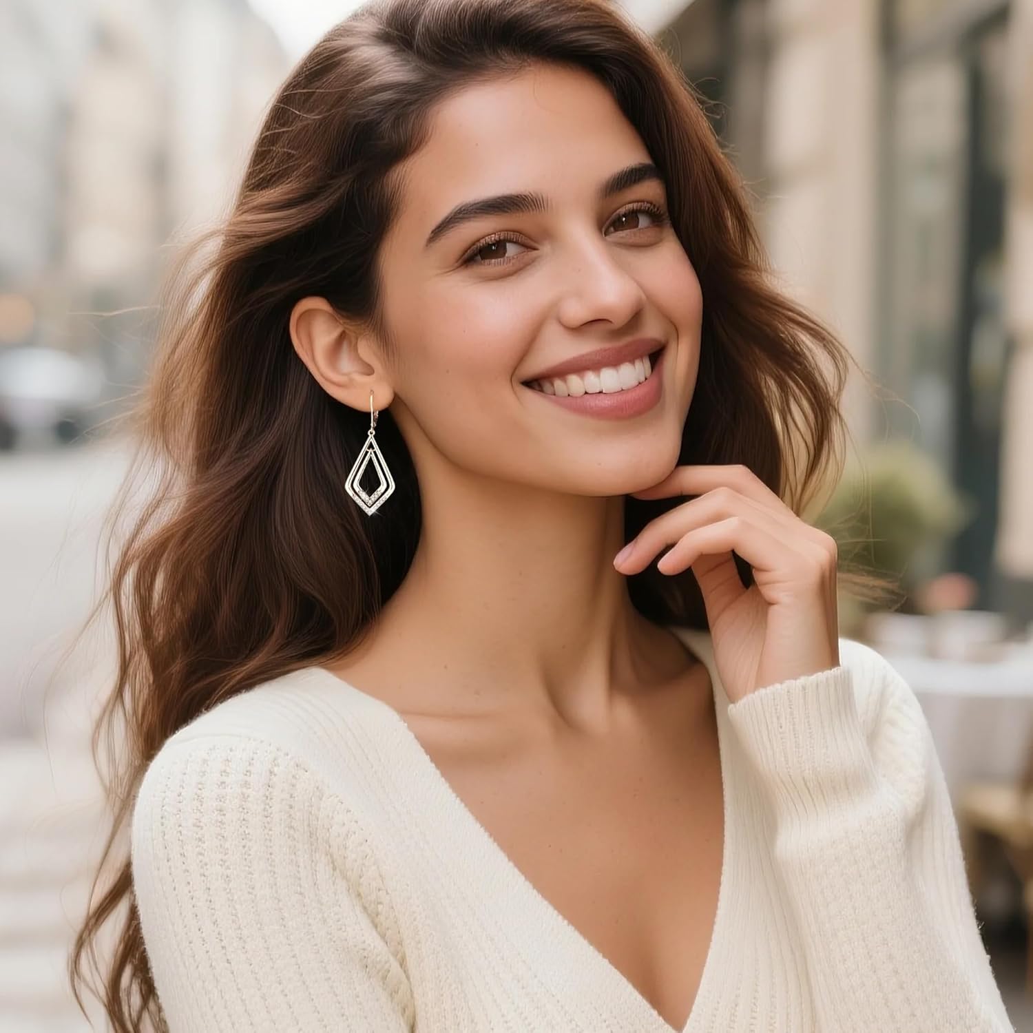 925 Sterling Silver Dangle Earrings for Women 14K Gold Plated Geometric Cubic Zirconia Dangle leverback Earrings Hypoallergenic Lightweight Dangling V Earring for Women Trendy Jewelry Gifts - Image 4