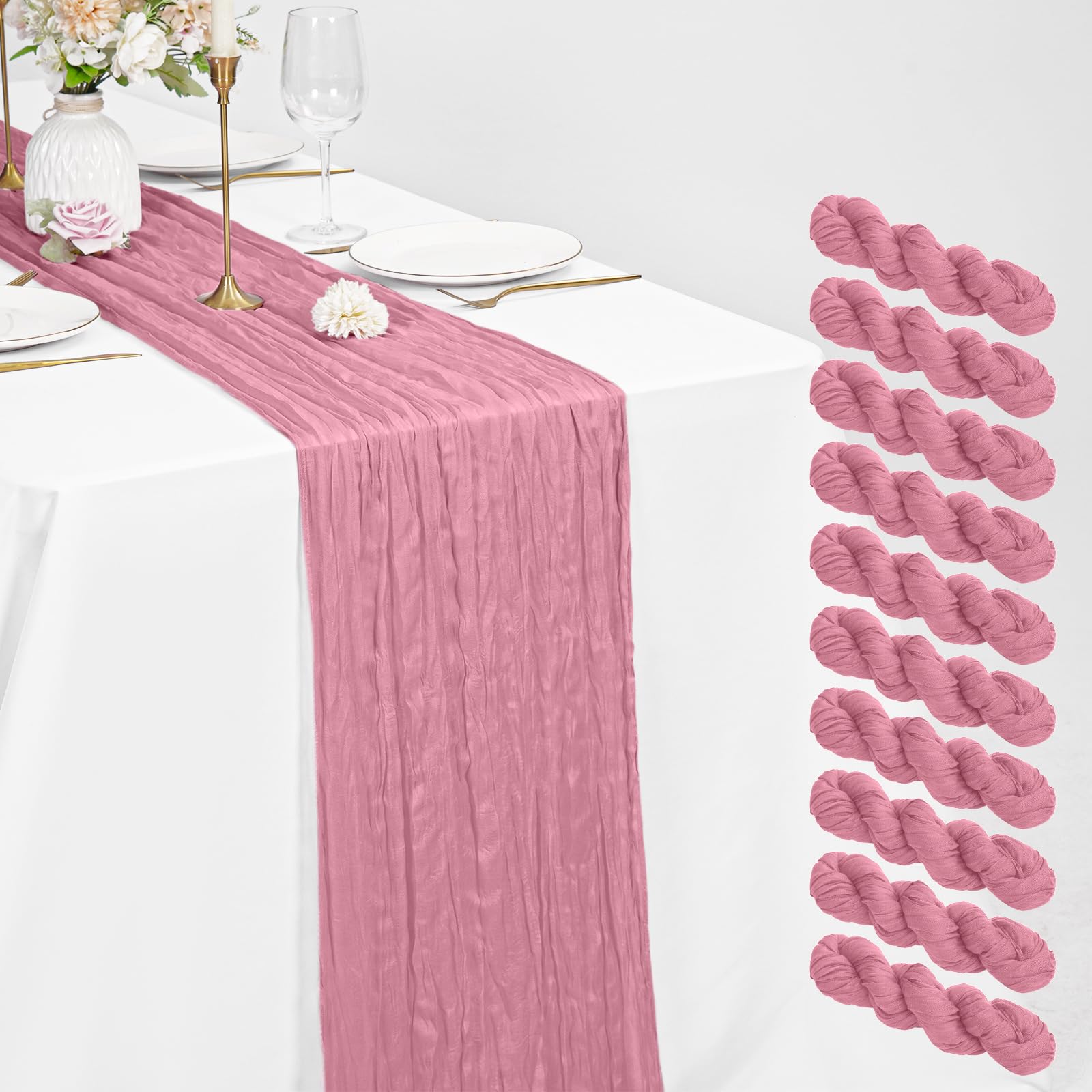 10 Pack Cheesecloth Table Runner Dusty Rose 21 x 120 inch Rustic Boho Gauze Fabric Table Runner Romantic Long Cheesecloth Table Runner for Wedding, Festival, Anniversary, Dinner and Outdoor Events