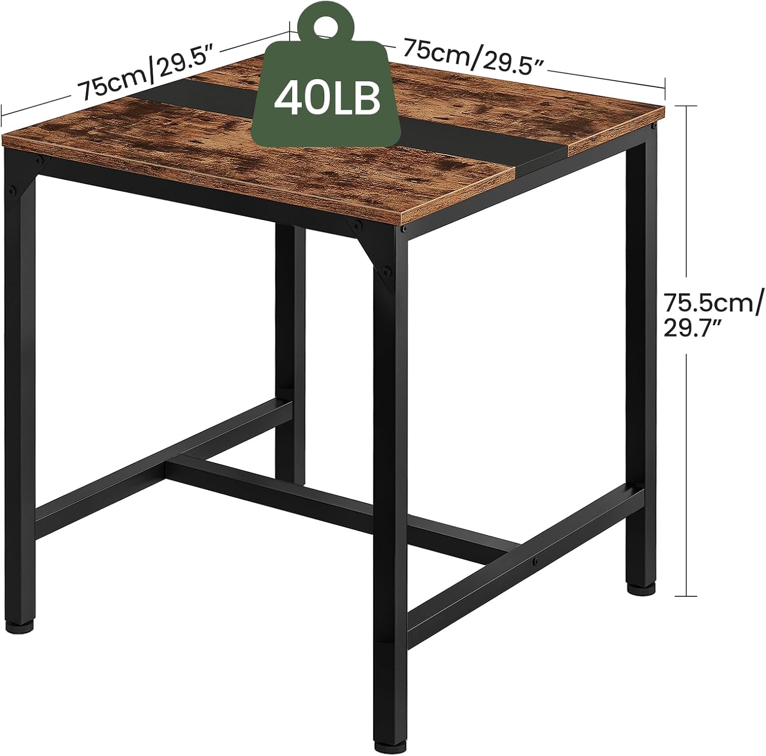 Diagram showing the dimensions of the CHOEZON TCZ02BF table: 75cm width, 75cm depth, 75.5cm height.