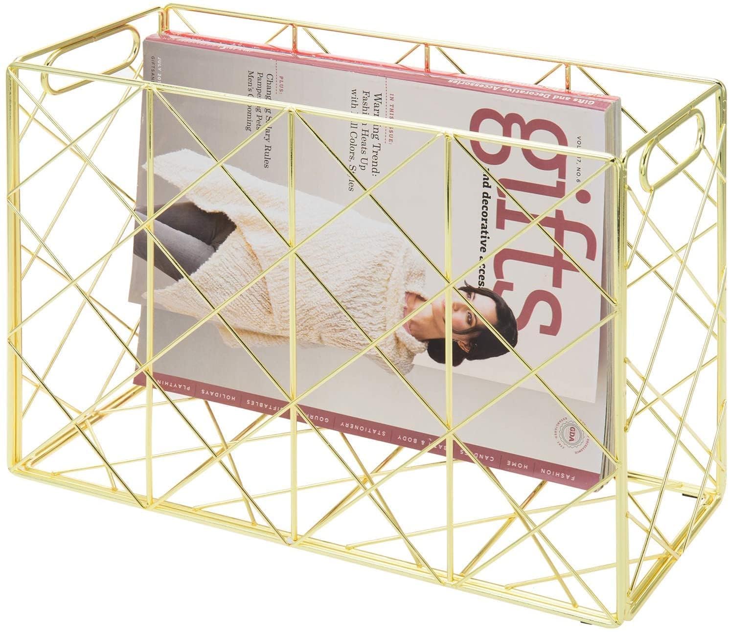 OGFC 25514 Modern Metal Magazine Holder with Geometric Design, Desktop Paper File Folder and Document Organizer Bin - Golden-picture-18