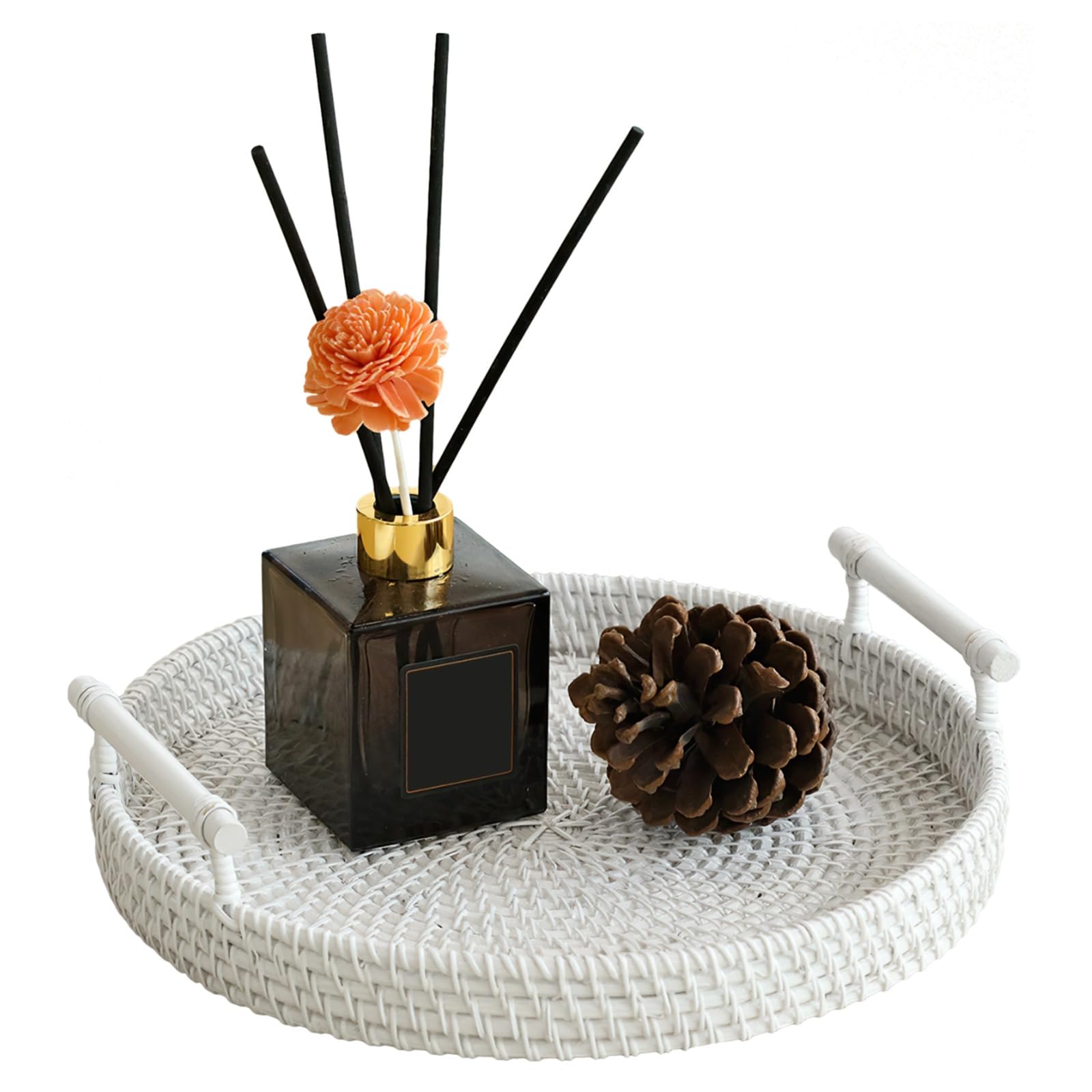 Round Rattan Tray, 9.45" Decorative Tray with Handles, Rattan Basket for Coffee Table and Home Decor, Multifunctional Storage Tray, Ideal for Food Display and Storage