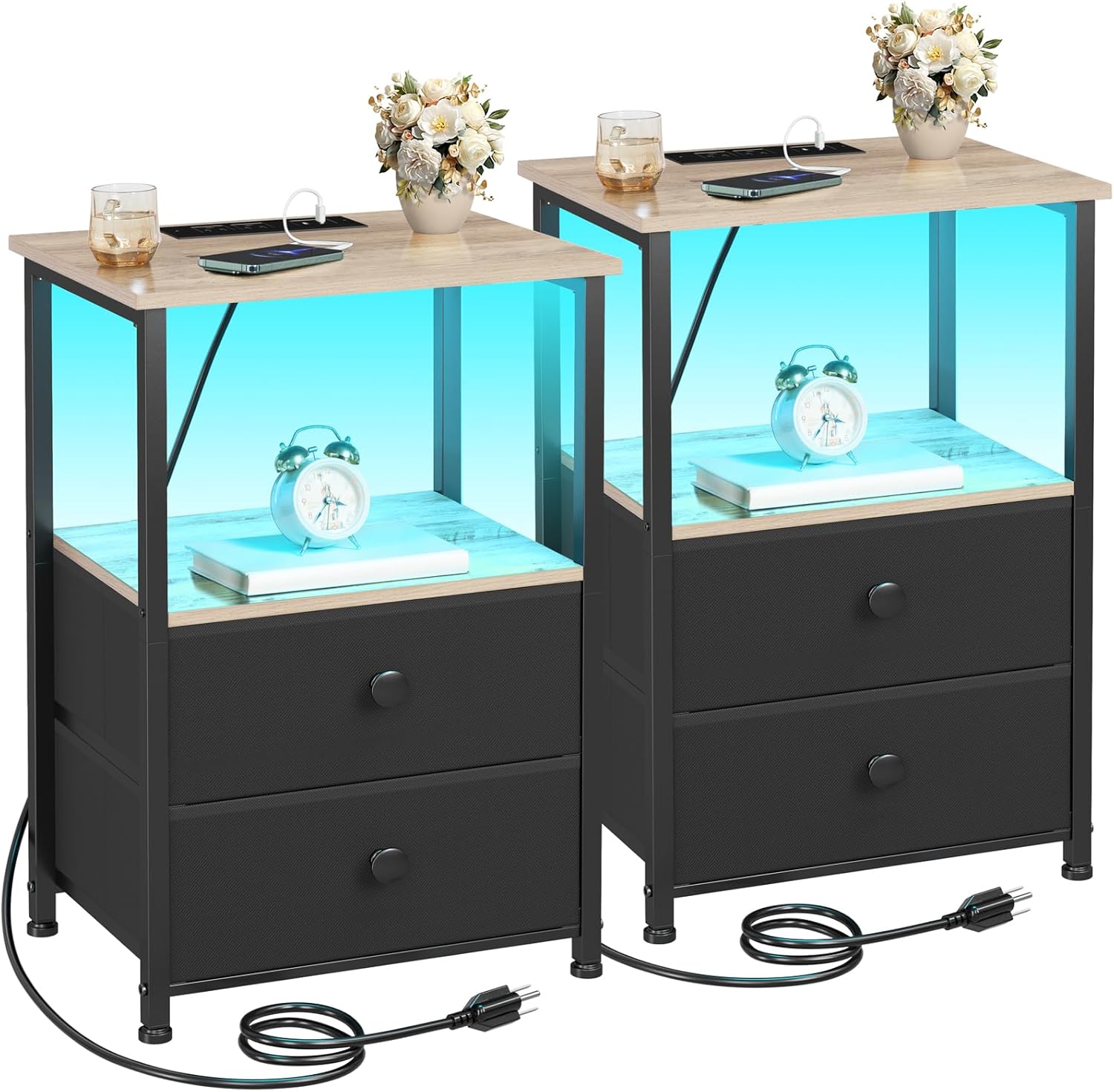 Night Stand Set 2, LED Nightstand with Charging Station, End Tables with Storage Shelf for Small Spaces, Bedside Table Side Tables with 2 Fabric Drawers for Bedroom, Greige, HETS02GY