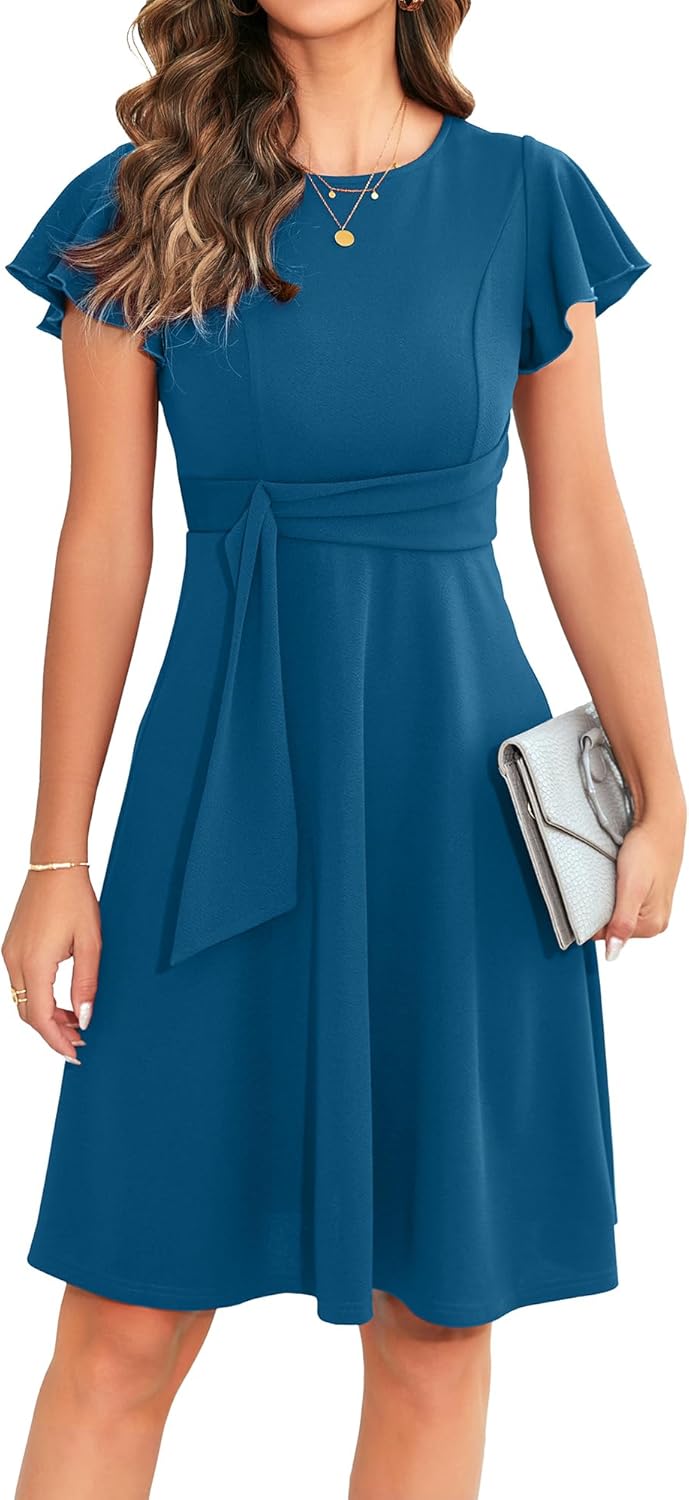 OWIN Womens 2026 Elegant Ruffle Sleeve Flared A Line Swing Casual Party Cocktail Dresses