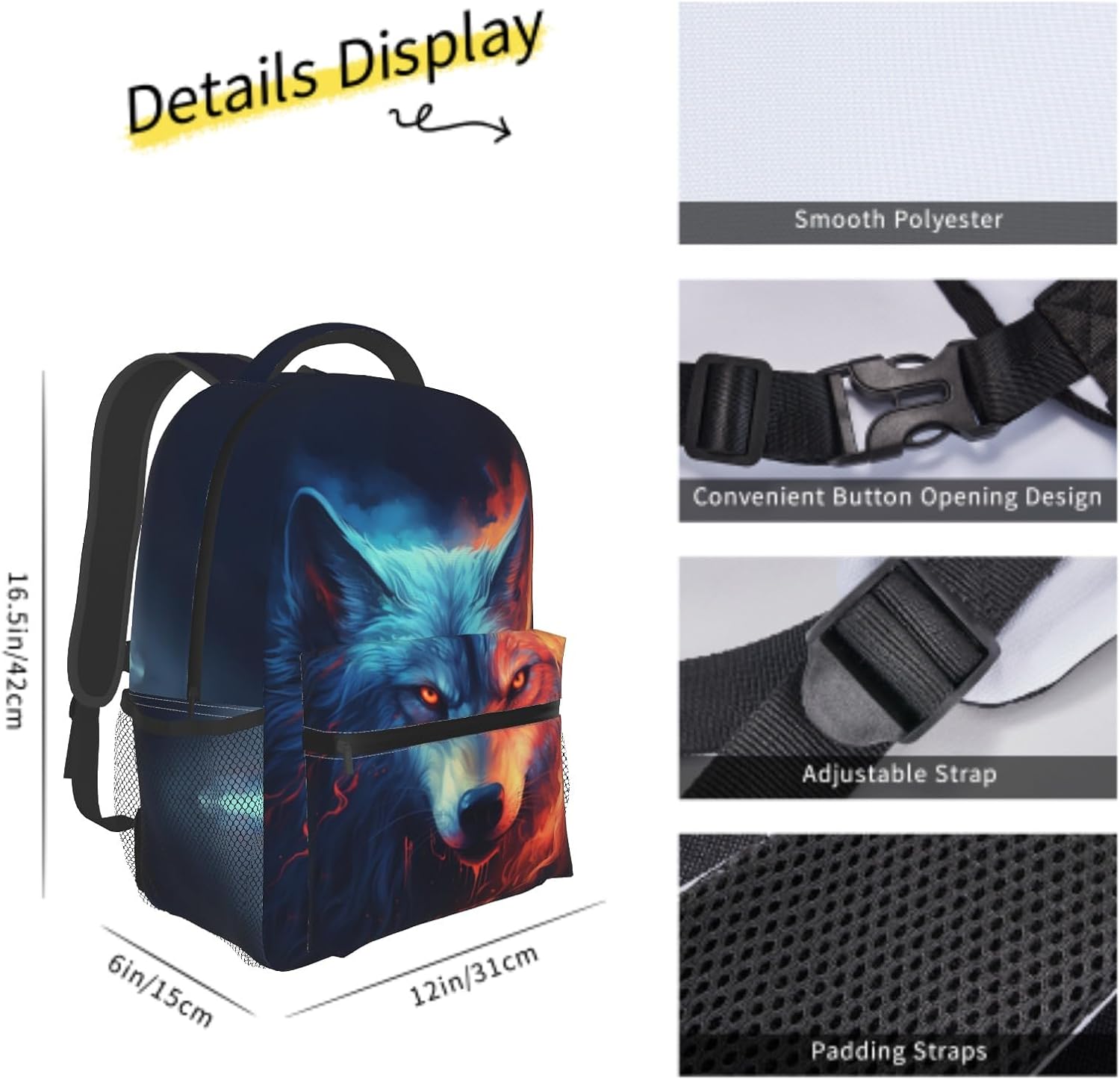 Giwawa Wolf Backpack for School, Blue Red Fire Wolf Animal Lightweight Sports Bookbags Shoulder Pack Laptop Casual Daypack Travel Bag for Women Men Boys Girls Teens Students - Image 4