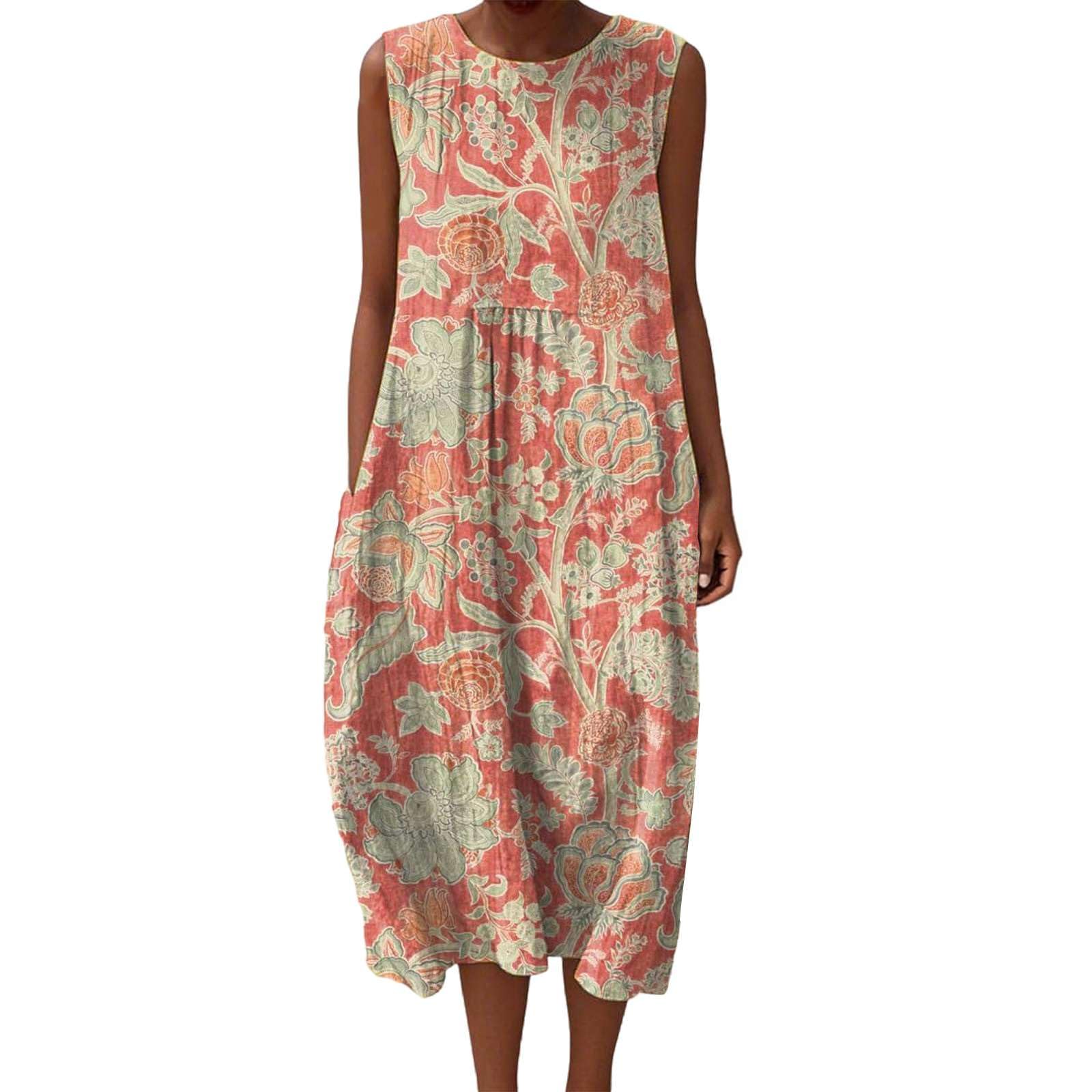 Vestito in Lino Donna Estivo Senza Maniche Abiti Estivi Donna Boho Chic Lungo Abito Donna con Stampa Floreale Vestiti Estivi Larghi Girocollo Leggeri per Vacanze Mare e Casual Moda