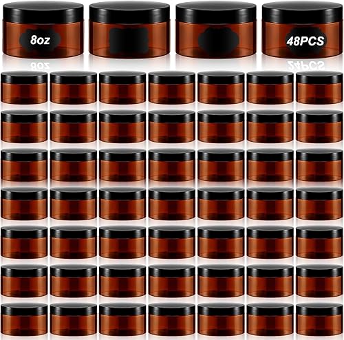 Uiifan 48 frascos cosméticos de plástico de 8 onzas con tapas y etiquetas negras, recipientes vacíos recargables a prueba de fugas, tarros de loción