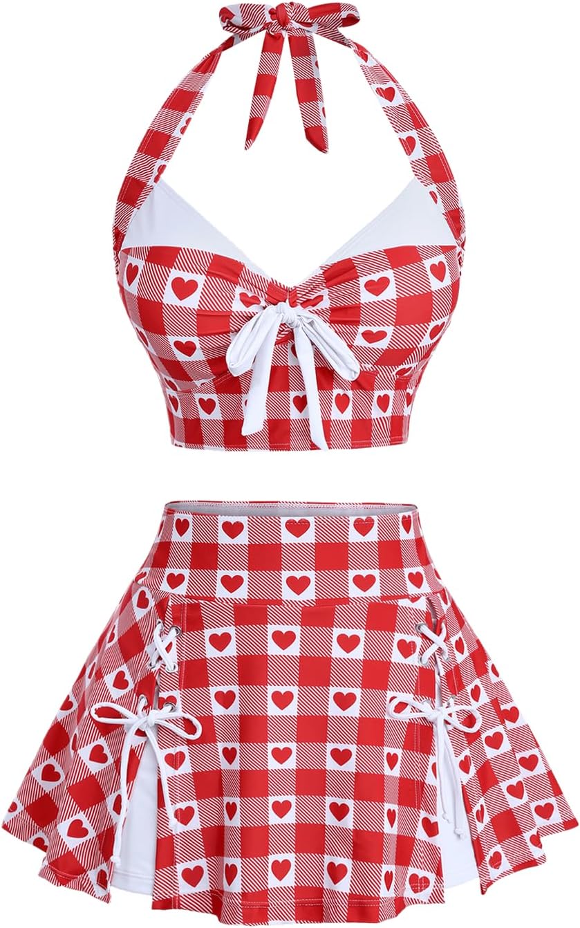ROSE GAL Women Plus Size Retro Bikini Gingham Two Piece Swimsuit with Skirt Halter Tummy Control Bathing Suit