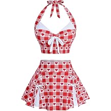 ROSE GAL Women Plus Size Retro Bikini Gingham Two Piece Swimsuit with Skirt Halter Tummy Control Bathing Suit
