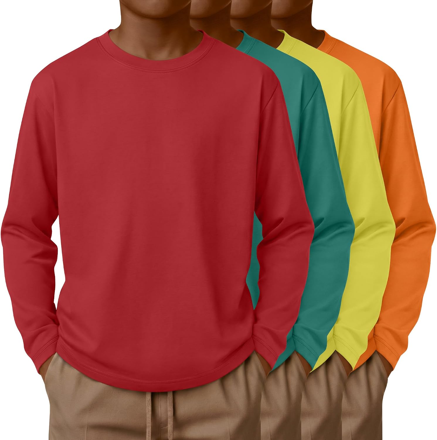 4 Pack Boys Long Sleeve Shirts 5-16 Years Kids Crewneck Loose Fit Basic Tees Youth Layering Tops Soft Undershirts