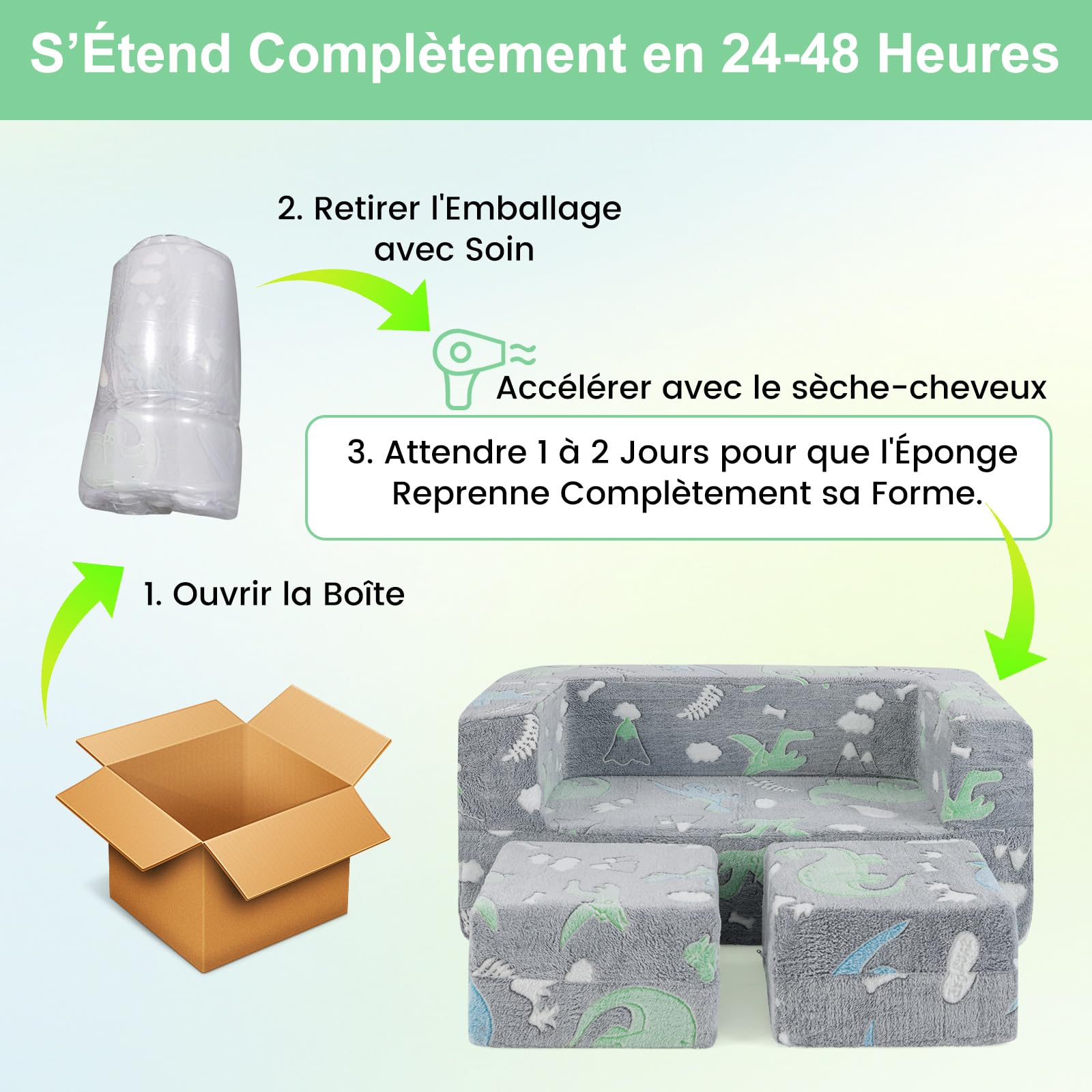 COSTWAY Canapé Enfant 2 Places Lumineux (Brillant dans Le Noir) avec Motif Dinosaure, Fauteuil Enfant Convertible en Tissu avec Housse Lavable, Canapé Modulaire Phosphorescent pour 3 Ans+