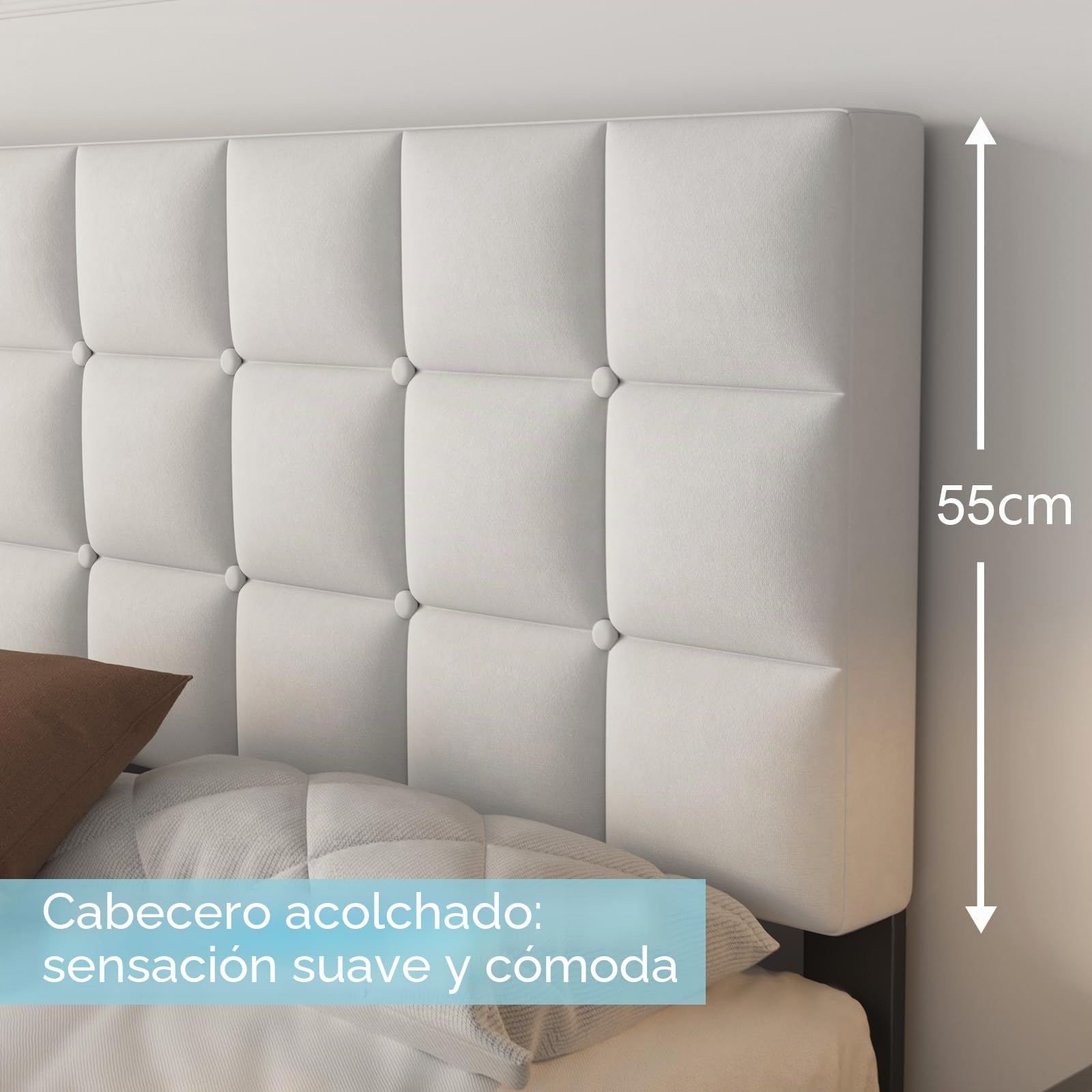 Yocreat Cama tapizada de 90 x 200 cm, cama individual con cabecero y somier, altura de 30 cm, color blanco