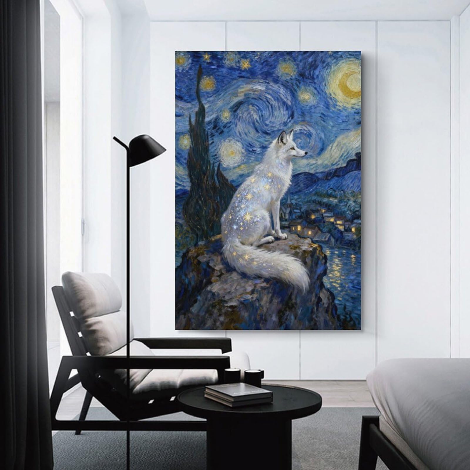 Junmoney Starry Night Fox Canvas Wall Decor, 16x24inch(40x60cm), for Gallery Wall Decor And Room Displays, Wall Decor Suited to Curated Displays