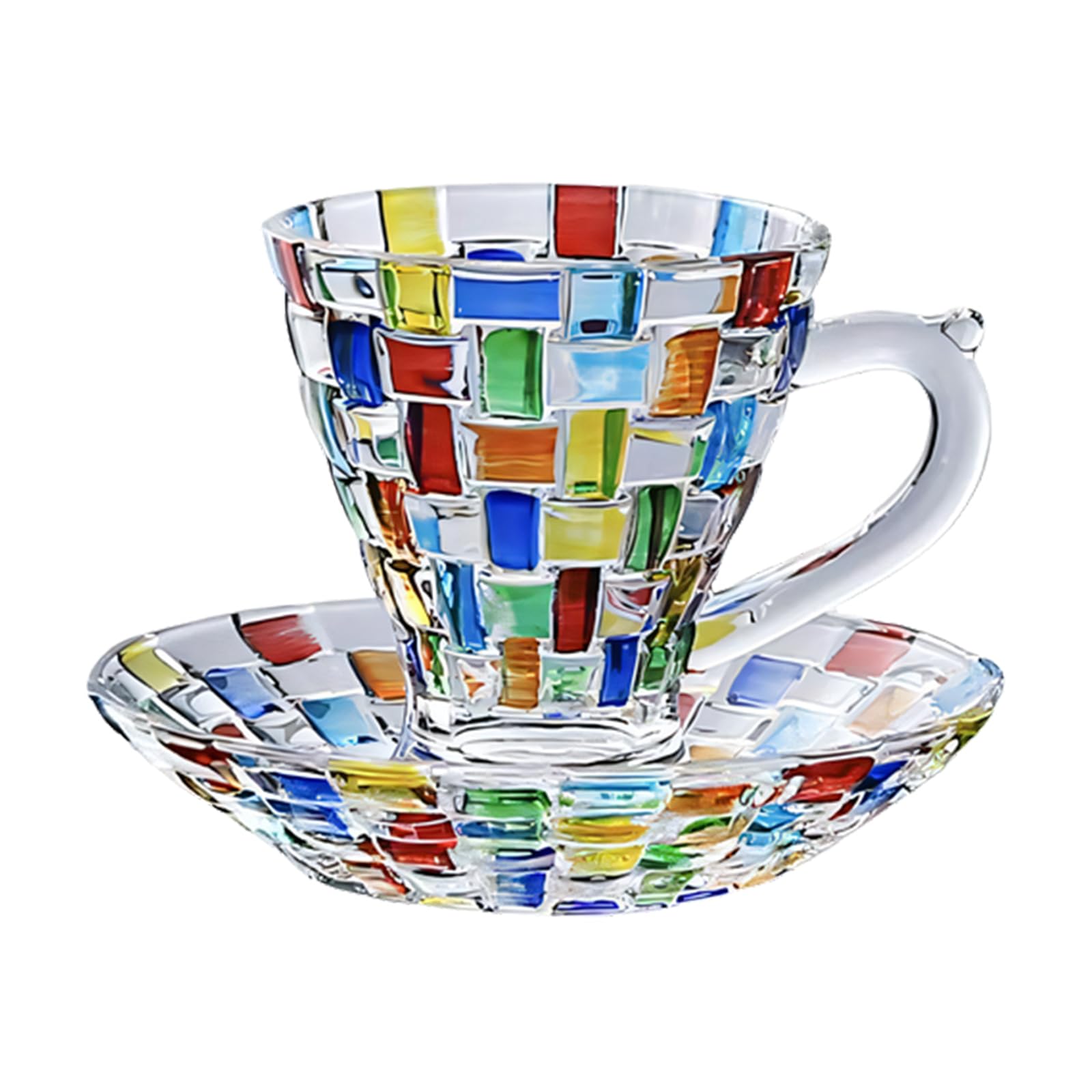 Tsophreniq Painted Colorful Glass Cup and Saucer Set Woven Crystal Drinking Mug for Water Juices and Coffee with Artistic Design Woven Crystal Cup