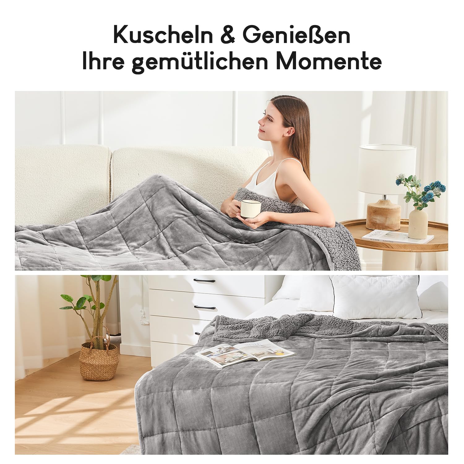 Cottonblue Gewichtsdecke 150x200cm 7kg Sherpa Fleece Entspannungsdecke Erwachsene Weighted Blanket Graue