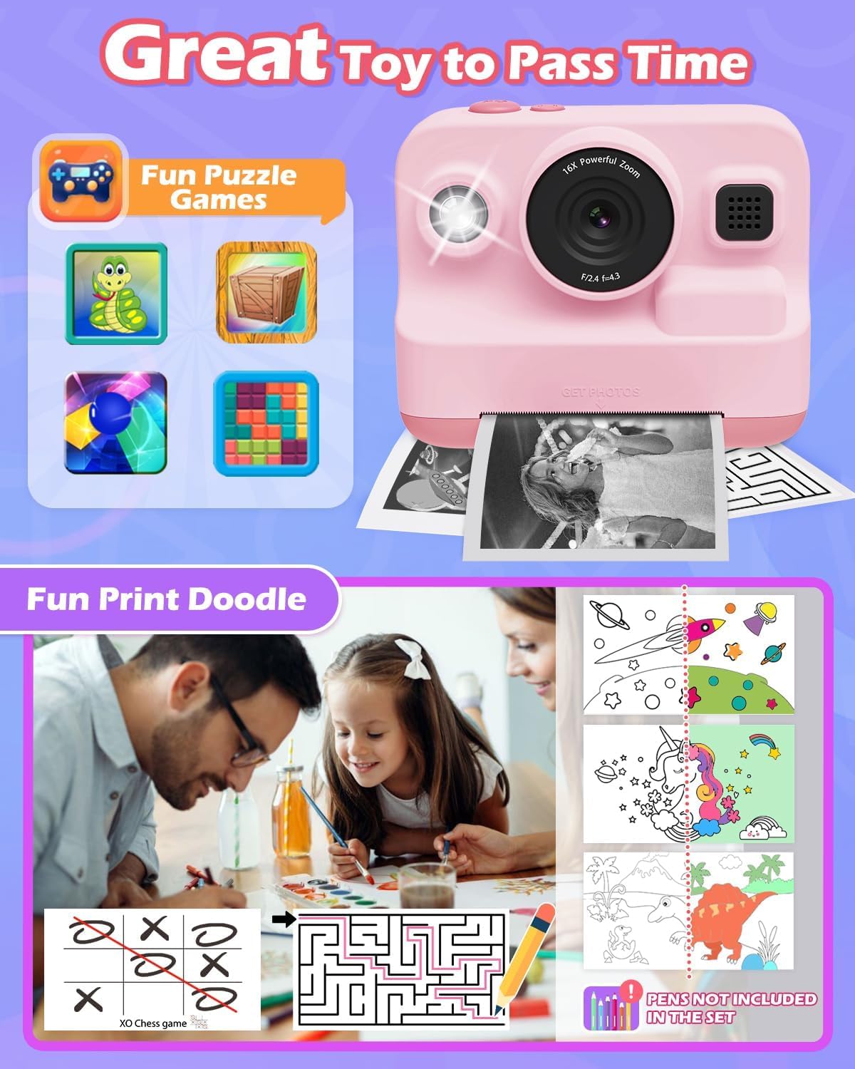 Camera Instant Print, 1080P Kids Digital Camera with Printer Paper, Christmas Birthday Gift for Girls (Pink) - Image 5 thumbnail
