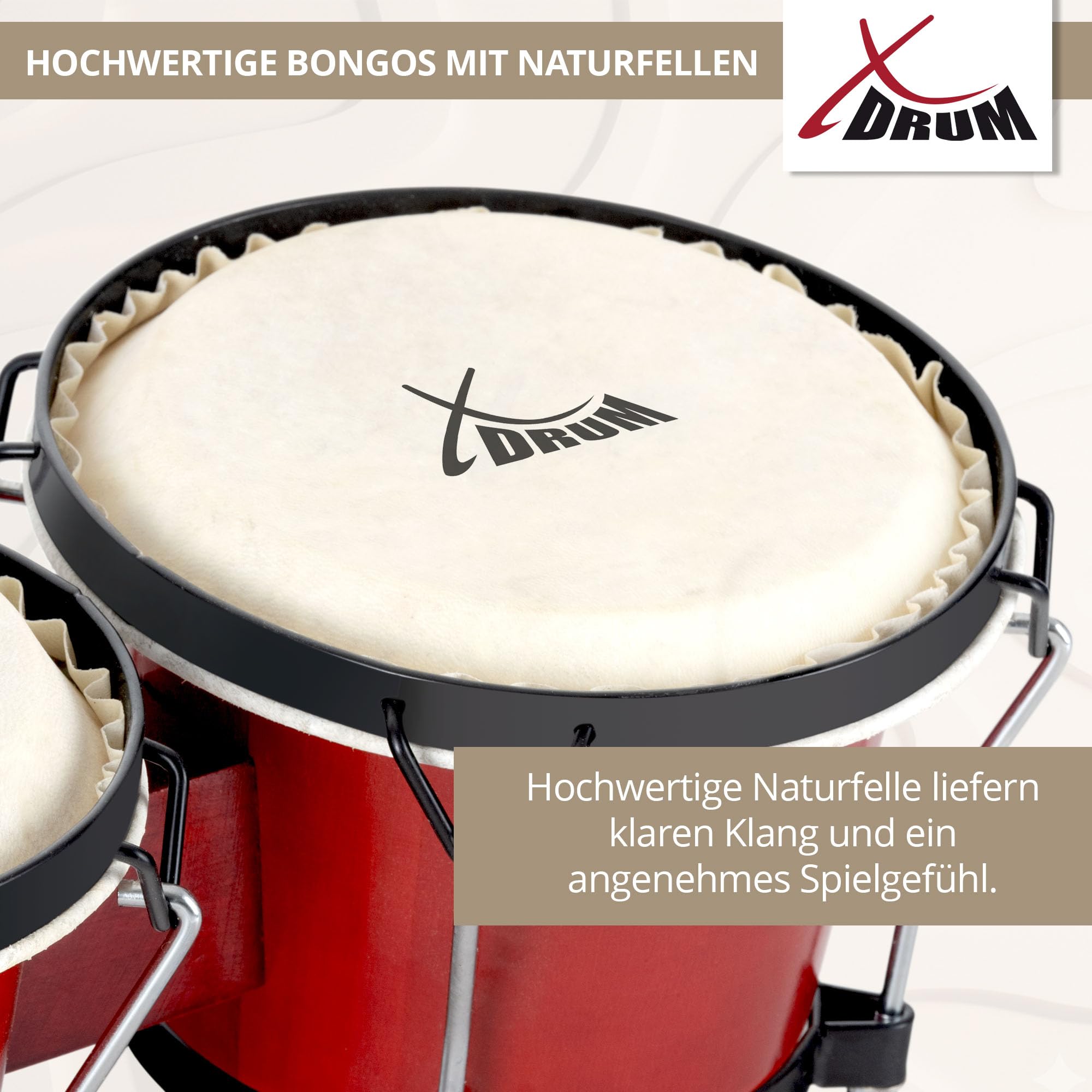 XDrum Bongos Club Rojo Vino SET incl. Bolsa para Bongos, Pieles naturales | 2 tambores ("macho" y "hembra"), Tamaños de bongos: 6" y 7", Madera: abedul, Herrajes cromados, Medidas (Al x An x Pr): 16