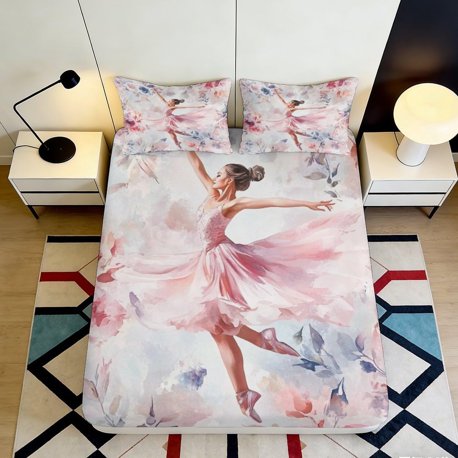 3D Printed Ballet Dancer Fitted Sheet Microfiber Pink Artistic Butterfly Bed Cover for Bedroom Mattress Decor 90x200x25cm
