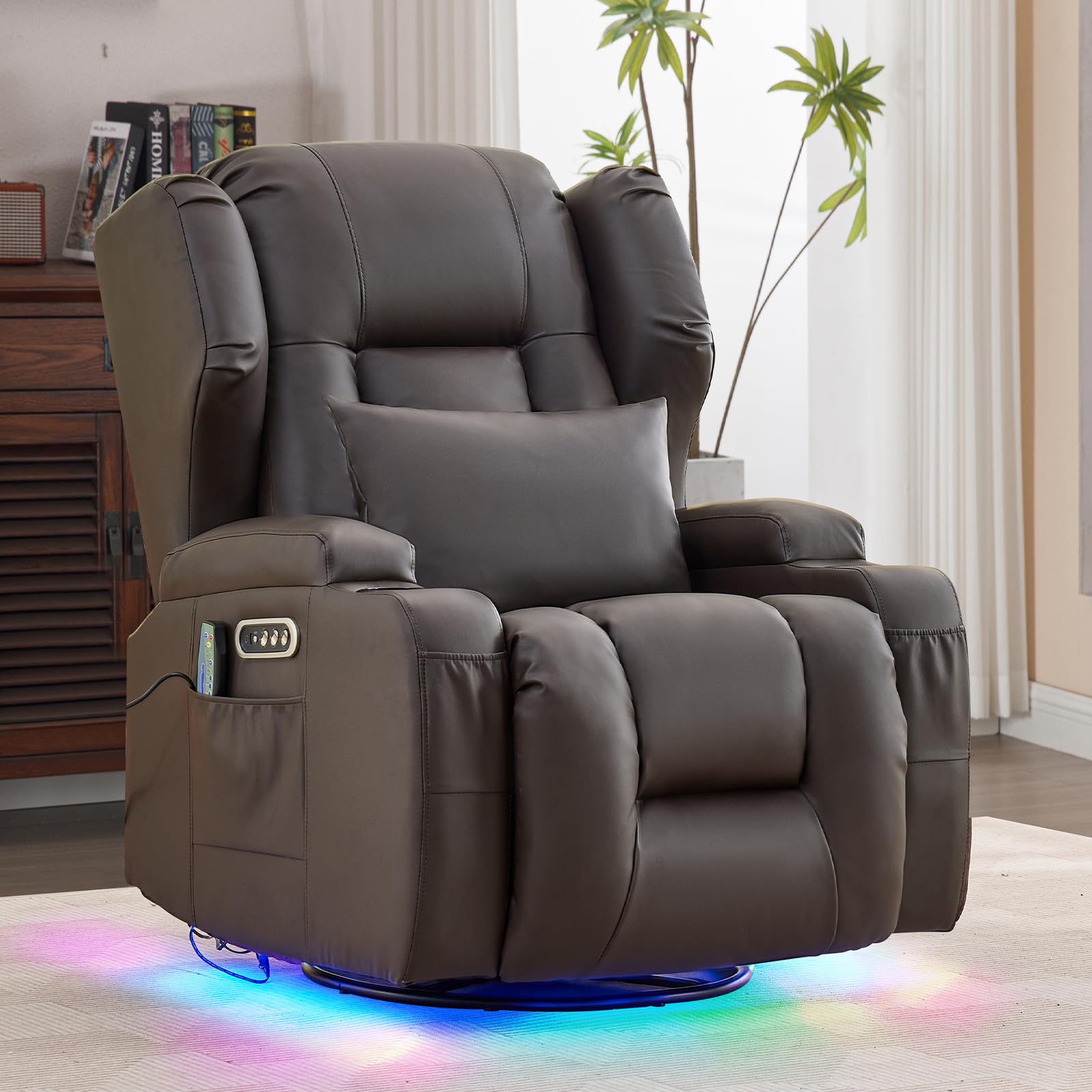 OQQOEE Power Swivel Rocker Recliner Chair with Massage & Heat, Dual Motor Electric Glider Rocking Recliner with USB Ports, Cup Holders & LED Light for