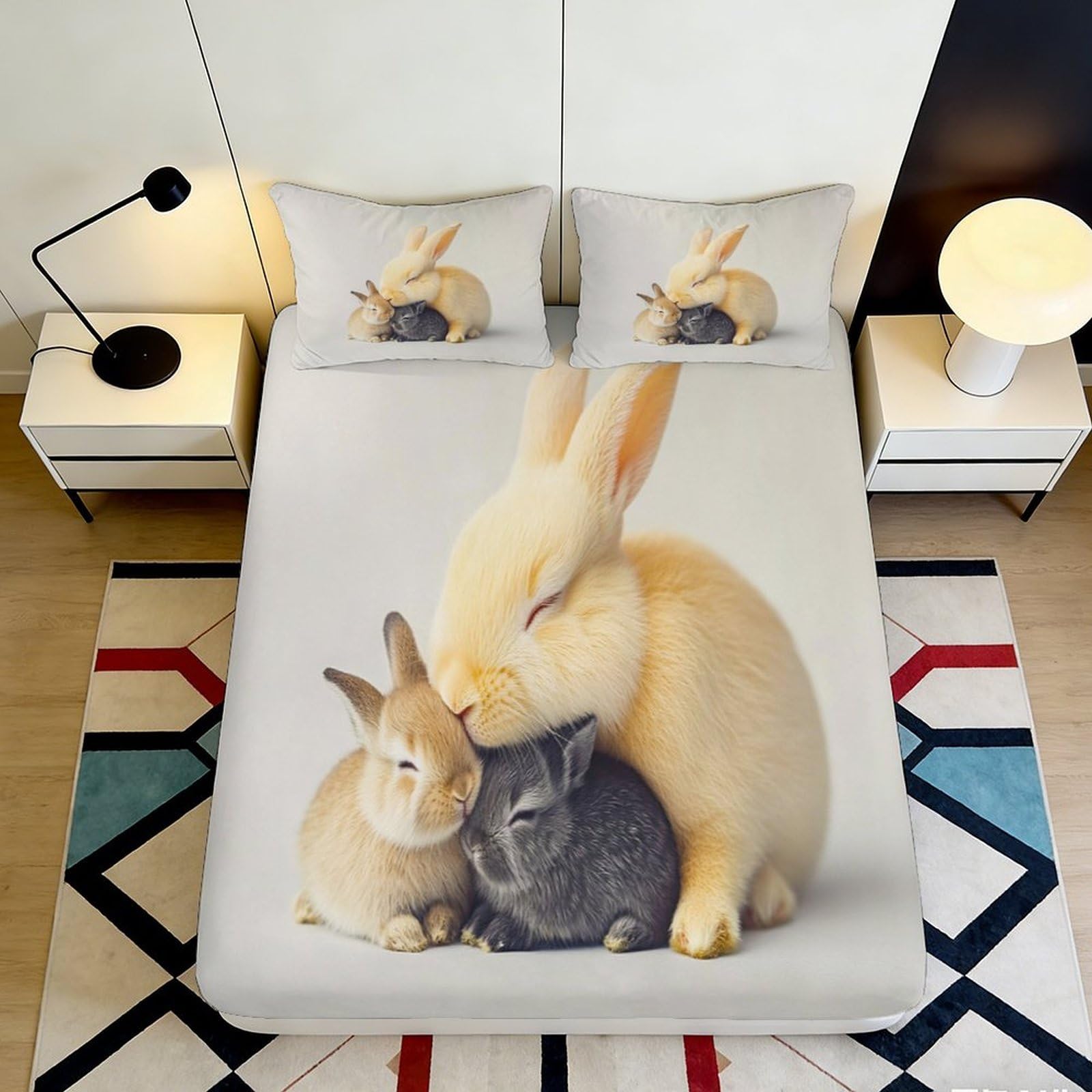 3D Printed Rabbit Family Fitted Sheet Microfiber Soft Brown White Bunny Mattress Cover for Bedroom Guest Room Decor 90x200x25cm