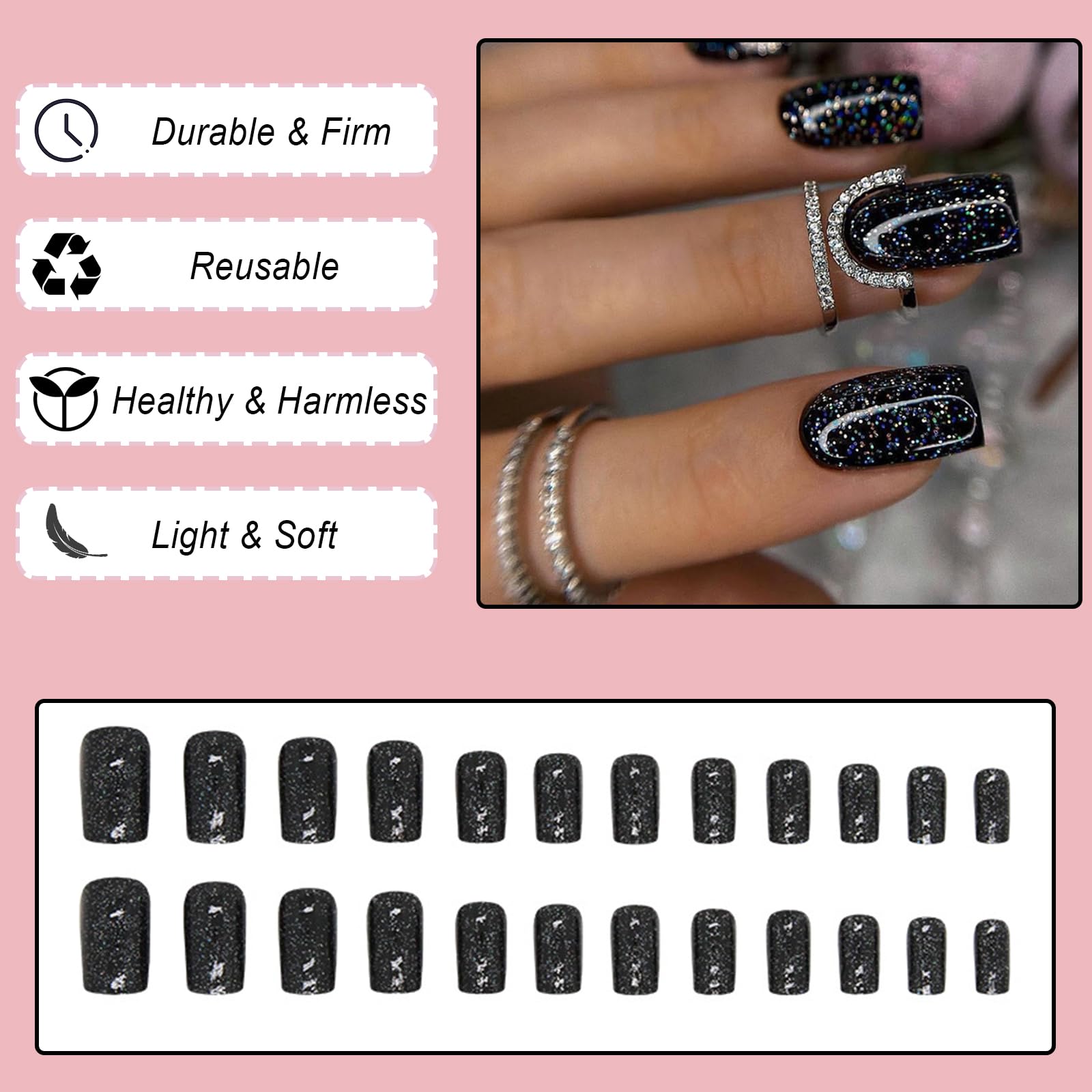 24Pcs French Tips Press on Nails Short Square False Nails Glossy Black Glitter Fake Nails with Rhinestones Designs Removable Artificial Stick on Nails for Women Girls Manicure Decoration - Image 2