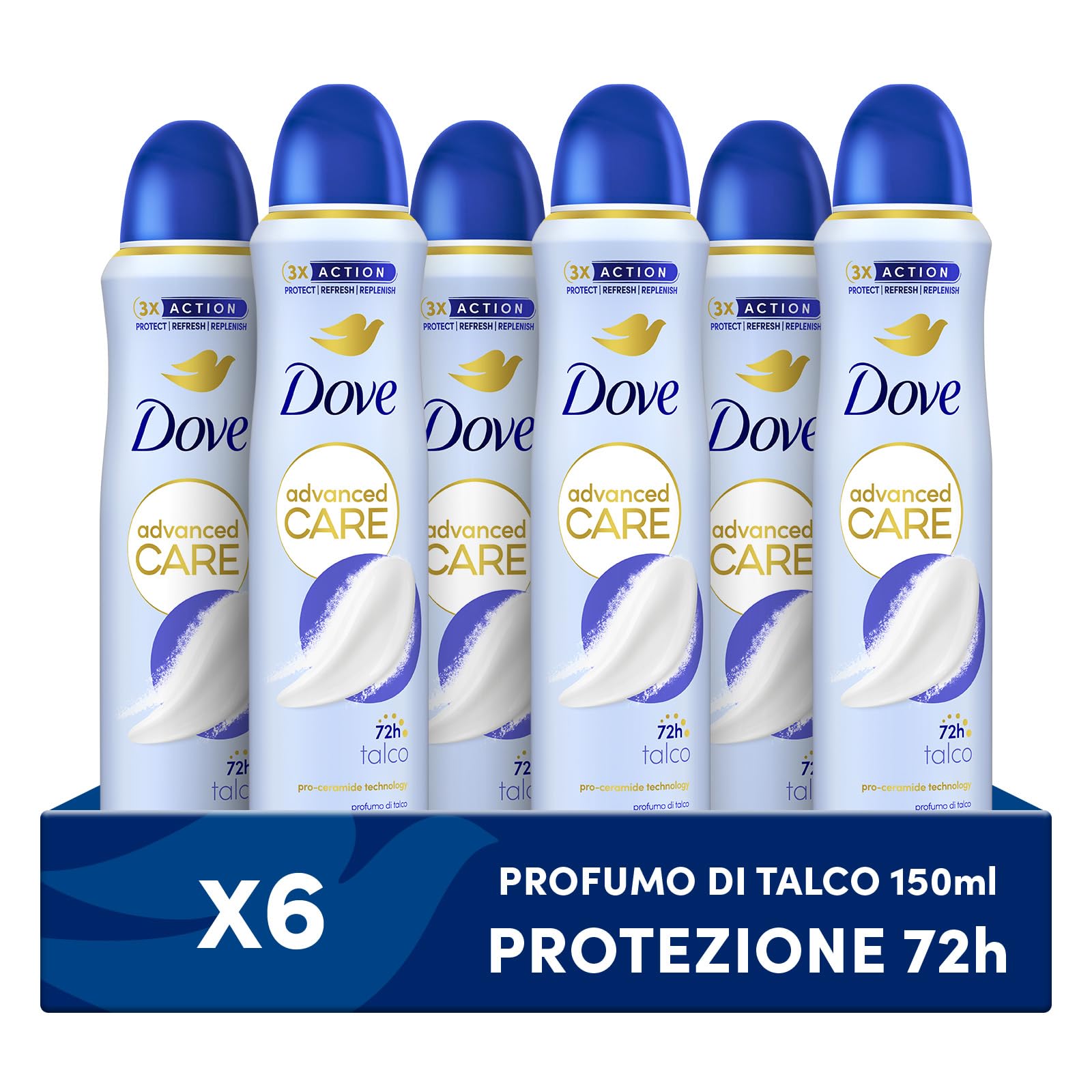 Dove Deospray Advanced Care Talk, mit feuchtigkeitsspendender und hautfreundlicher Formel, ohne Alkohol, trockene Haut bis zu 72 Stunden, Deodorant für Damen und Herren, 6 Stück à 150 ml