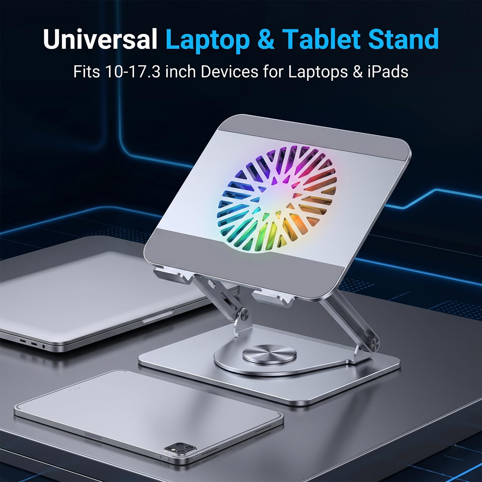 Soporte de refrigeración RGB para laptop con base giratoria de 360°, elevador plegable ajustable para laptop, ventilador ultra silencioso para disipación de calor, soporte ergonómico para laptop de 10