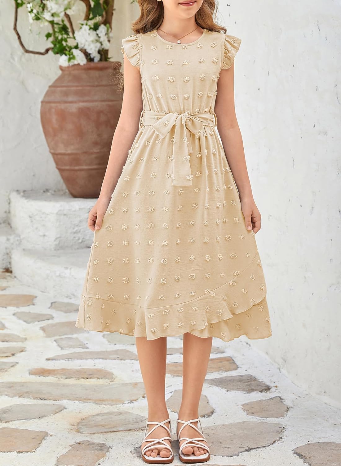 blibean Tween Girls Short Sleeve Dresses Swiss Dot Belt Dress Size 6-15 Years - Image 2