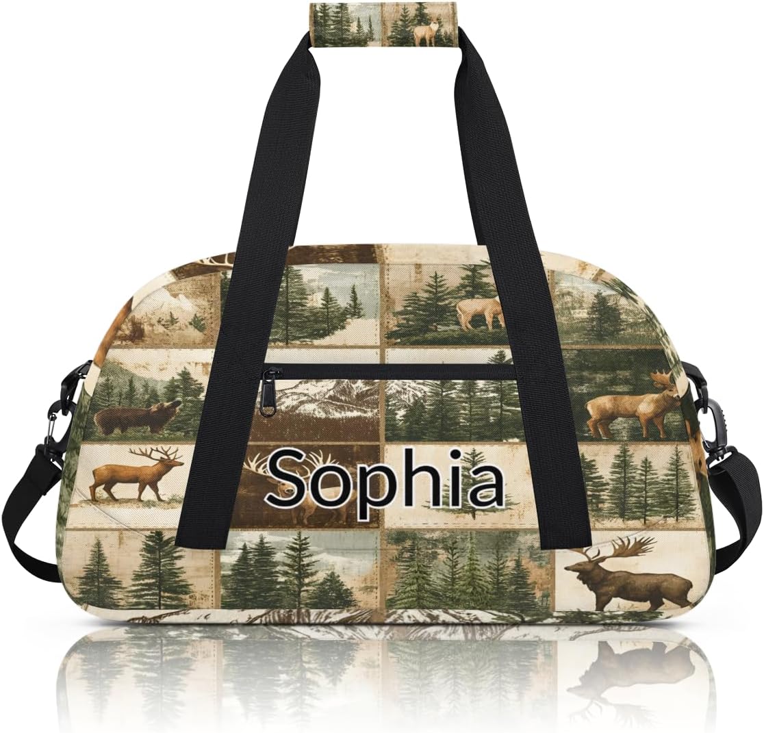 Personalized Rustic Cabin Duffle Bag for Women Men, Custom Sport Gym Bag Vintage Deer Moose Forest Woodland Farmhouse Shoulder Tote Bag for Travel, Gym, Work