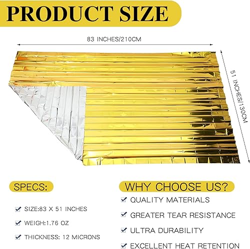 Vista 2 de Macarrie Paquete de 100 mantas térmicas de emergencia de papel de aluminio plateado, manta espacial de supervivencia para exteriores, camping