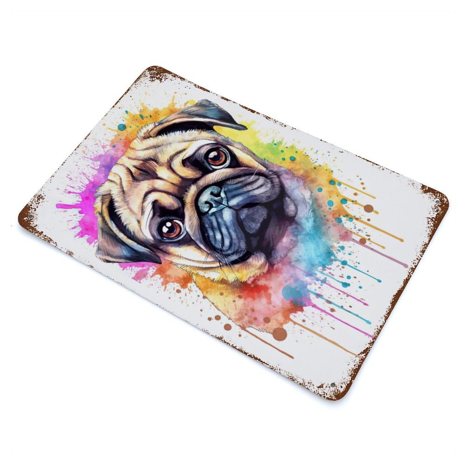 Vintage Rust Metal Sign Watercolor Pug Puppy 11.8"x7.9", Shabby Chic Decor for Cafe, Home Bar And Lounge Decor