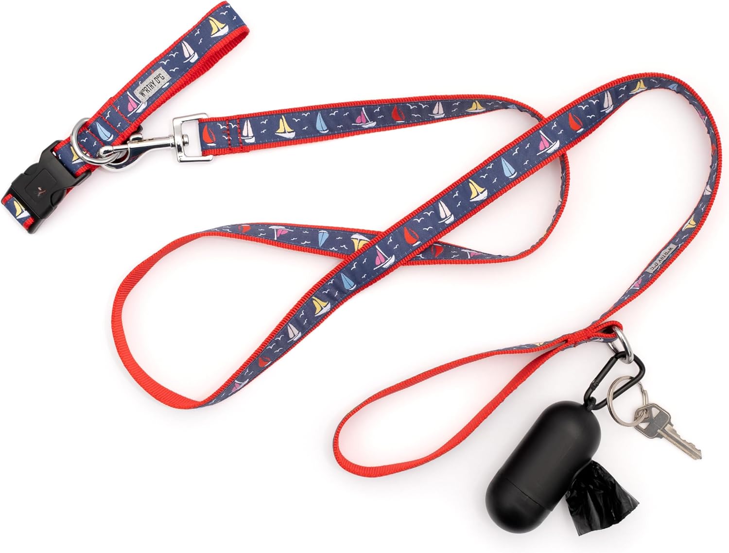 THE WORTHY DOG Fashionable Sailboats Leash for Dogs, Woven Ribbon, Solid Nickel Plated D-Ring, Navy Blue, Large