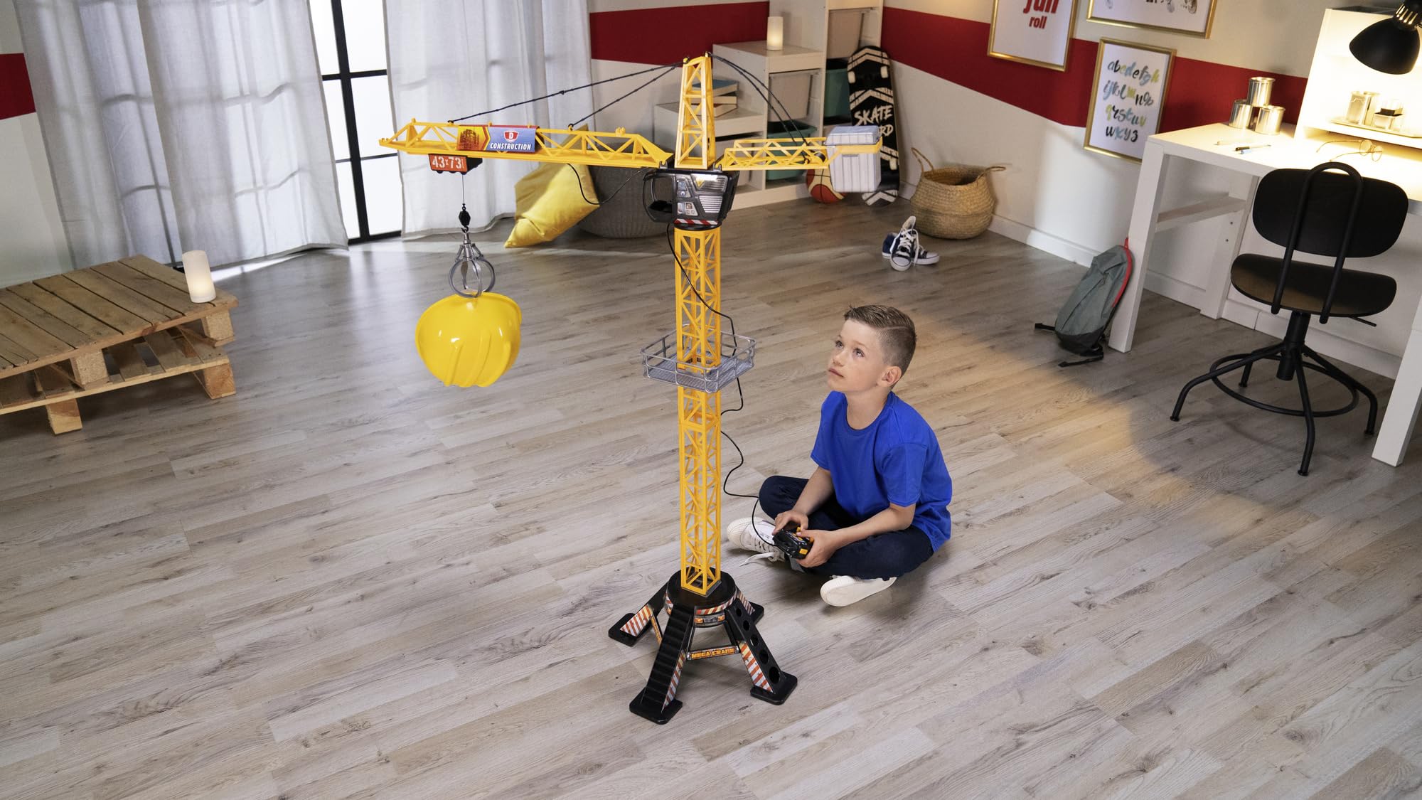 Dickie Toys 201139012 Mega Crane Sterowany Dźwig elektryczny 120 cm, obrotowa kabina o 360°, ramię z chwytakiem, platforma załadowcza, żuraw do zabawy wewnątrz i na zewnąrz dla dzieci od 3 lat