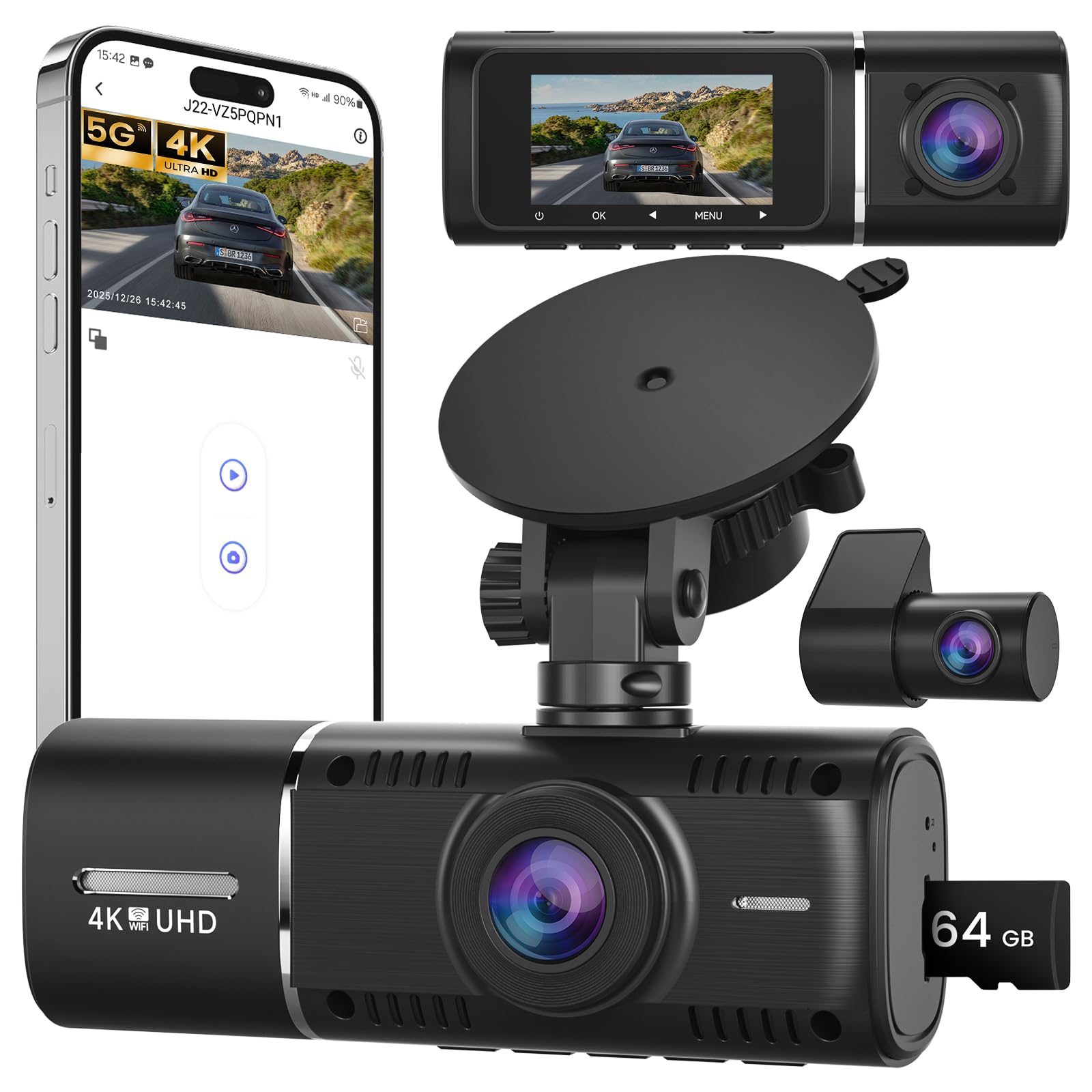 Dashcam Voiture Avant Arrière, 4K+1080P Caméra Embarquée avec Carte SD 64G, 1,97'' Écran, Grand Angle 170°, Vision Nocturne, WDR, G-Capteur, Mode Stationnement 24H, Enregistrement en Boucle