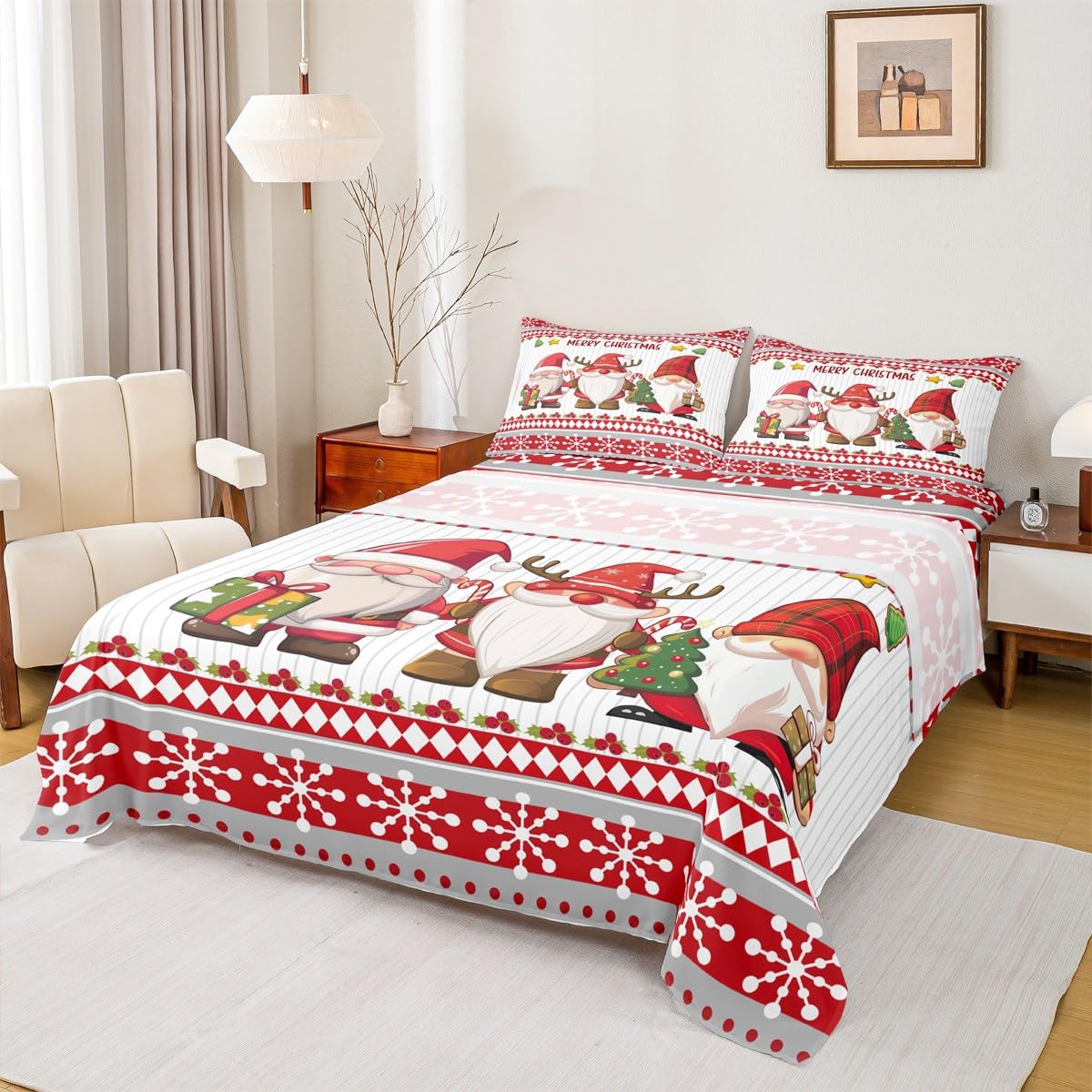 Cute Gnomes Kids Sheet Queen Size Merry Christmas Snowflake Dreamy Bedding Set Girls Boys Adults Room Cabin Decor