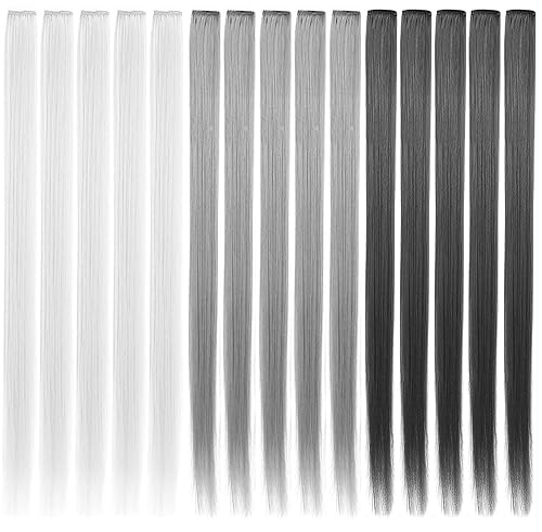 Miniatura 2 de 15 extensiones de cabello sintético de colores, multicolor, con reflejos, para fiestas, de 20 pulgadas (negro, gris, blanco, gris, gris claro)
