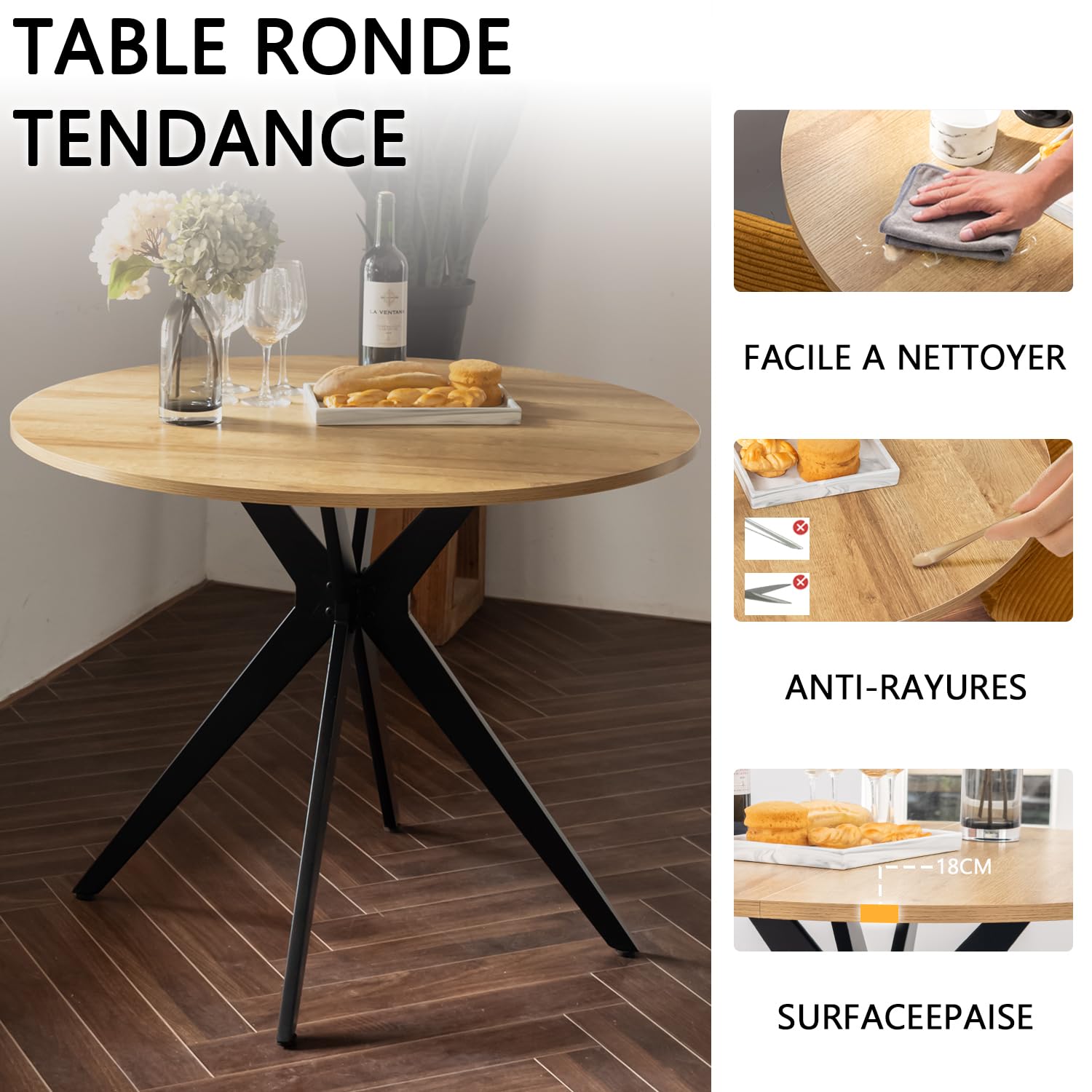 Tavolo da conferenza rotondo in rovere e nero, robusto, in legno e metallo, design compatto e professionale, ideale per riunioni di squadra in ufficio e progetti 100 x 100 x 75 cm