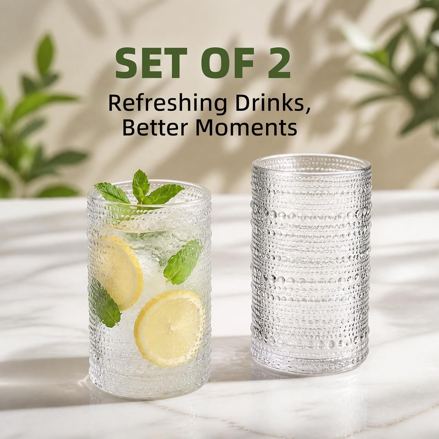 Hobnail Drinking Glasses Set of 2, Large 16 Oz Vintage Embossed Tumblers
