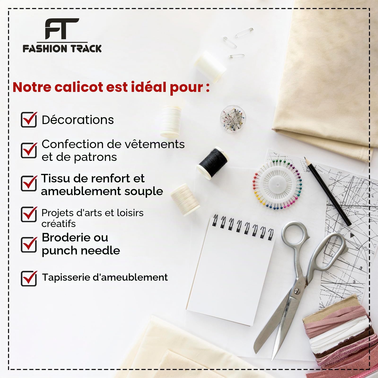 Tissu au mètre (10 m, calicot naturel) 147,5 cm de large, poids moyen, 100% coton, pour nappes, couture, matelassage, doublures de rideaux, housses de coussin et sacs fourre-tout | FT Fashion Track