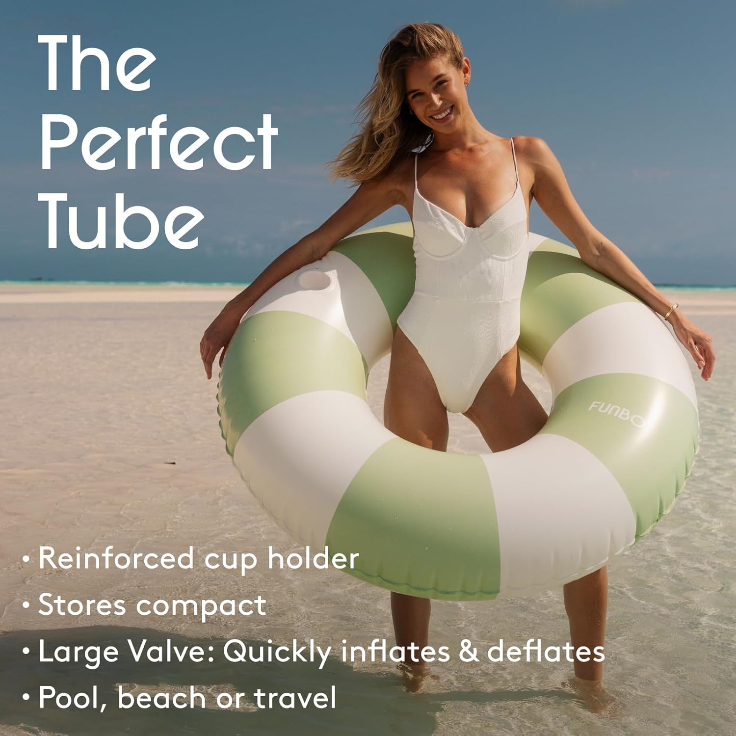 FUNBOY Giant Vintage Green Stripe Inflatable Tube Pool Float with Cup Holder 48" | Large Pool Float for Adults | Inner Tube Swimming Pool Toys Swim Rings | Pool Lounger Float for Pool Party & Summer